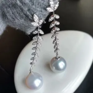 13.0-14.0 mm White South Sea Pearl & Diamond Hanging Twig Earrings