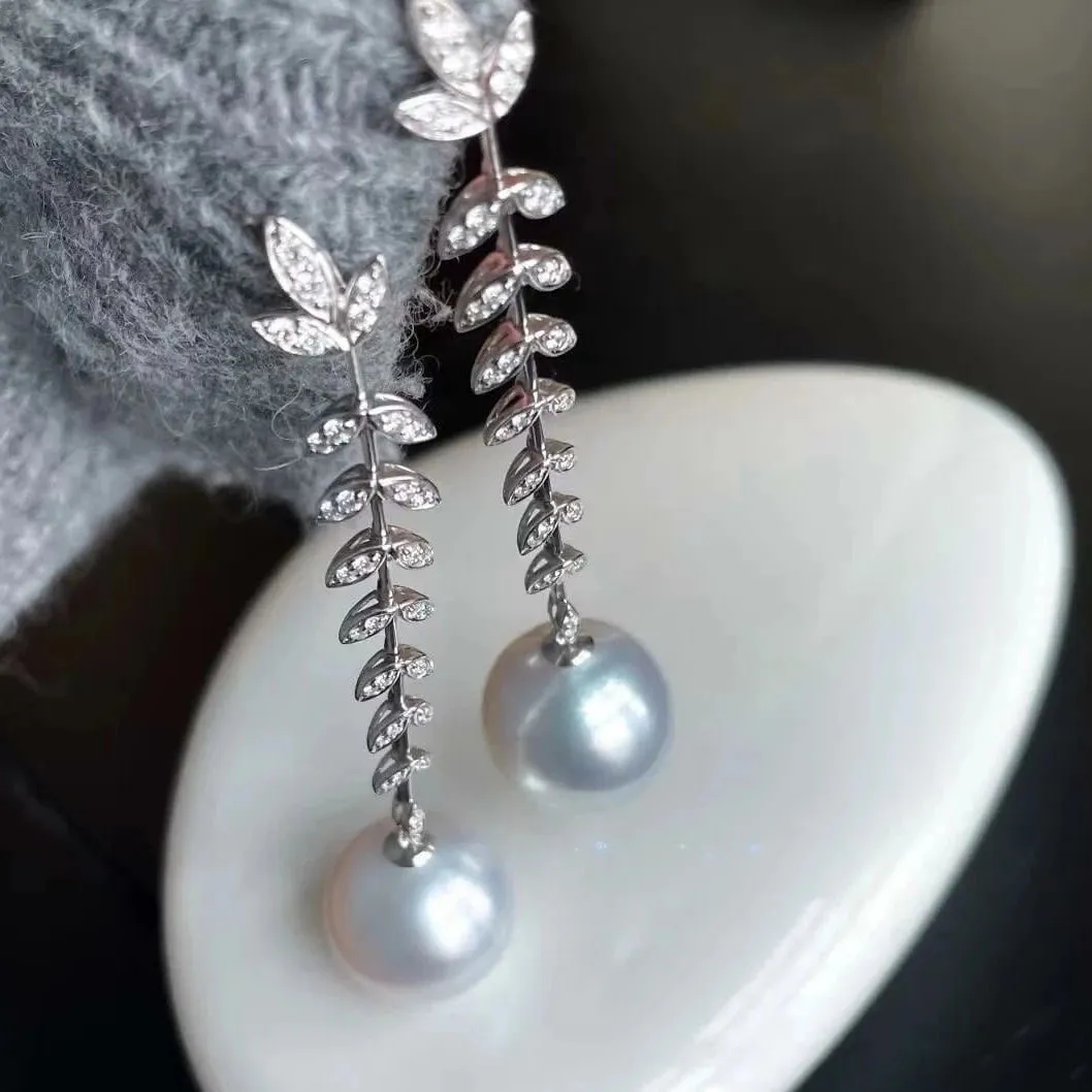 13.0-14.0 mm White South Sea Pearl & Diamond Hanging Twig Earrings