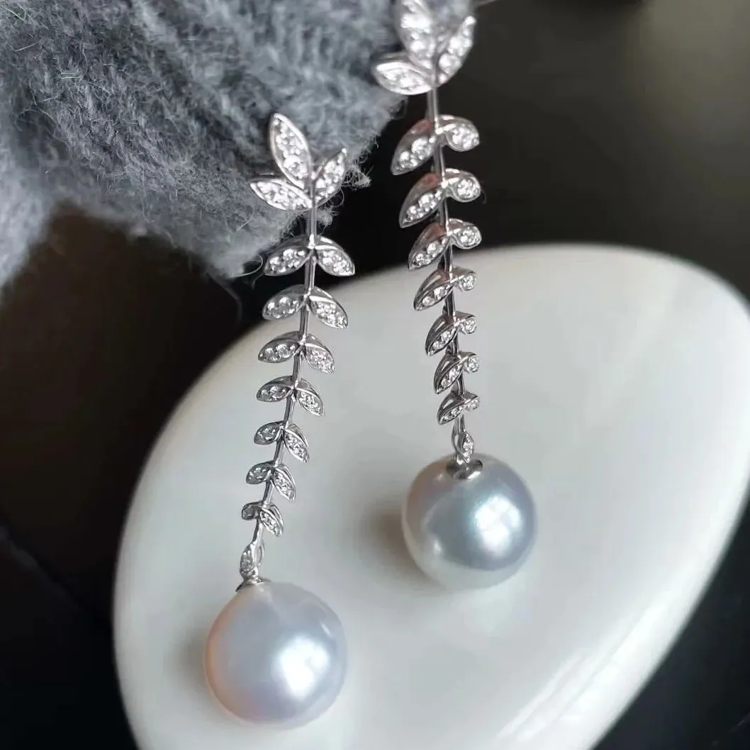 13.0-14.0 mm White South Sea Pearl & Diamond Hanging Twig Earrings