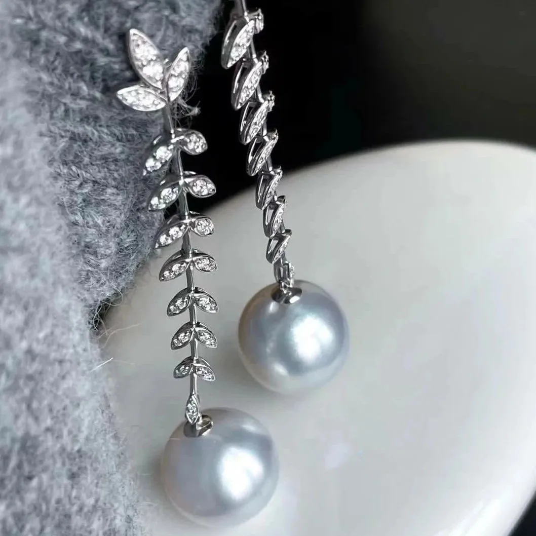 13.0-14.0 mm White South Sea Pearl & Diamond Hanging Twig Earrings