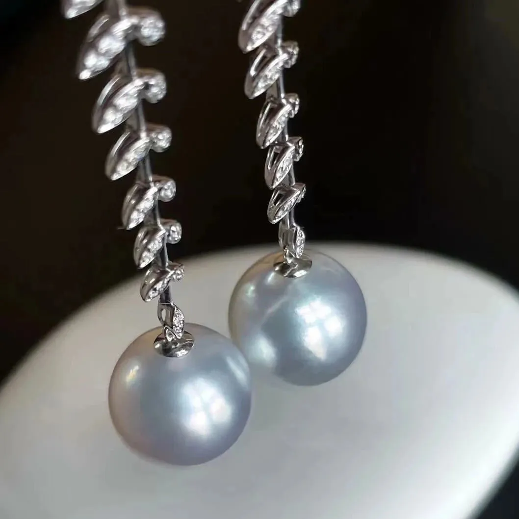 13.0-14.0 mm White South Sea Pearl & Diamond Hanging Twig Earrings