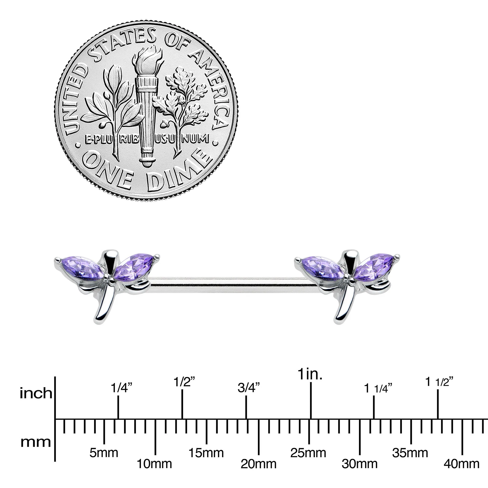 14 Gauge 5/8 Purple Gem Simple Styled Dragonfly Barbell Nipple Ring Set