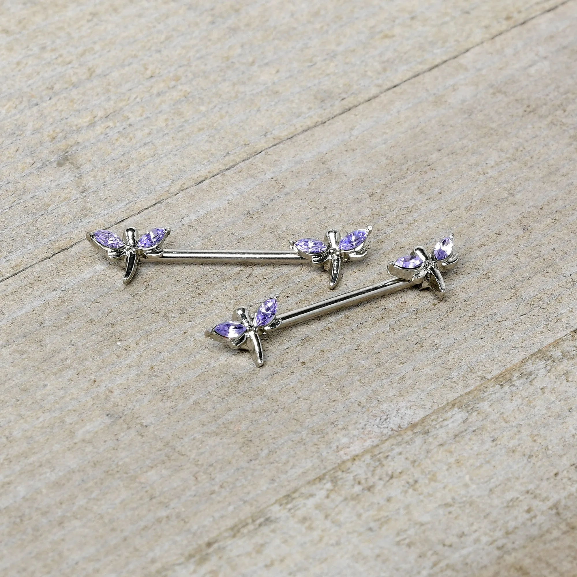 14 Gauge 5/8 Purple Gem Simple Styled Dragonfly Barbell Nipple Ring Set