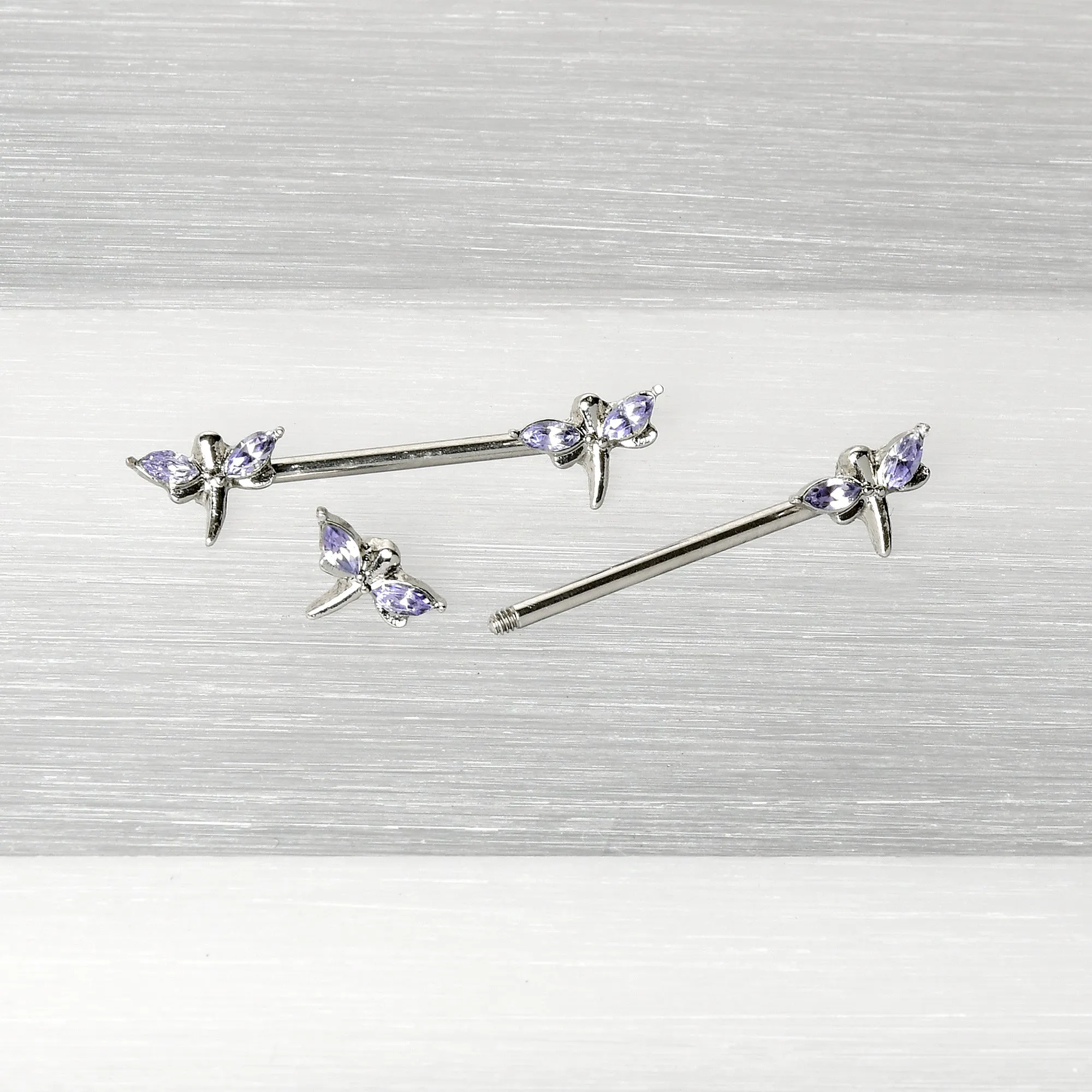 14 Gauge 5/8 Purple Gem Simple Styled Dragonfly Barbell Nipple Ring Set