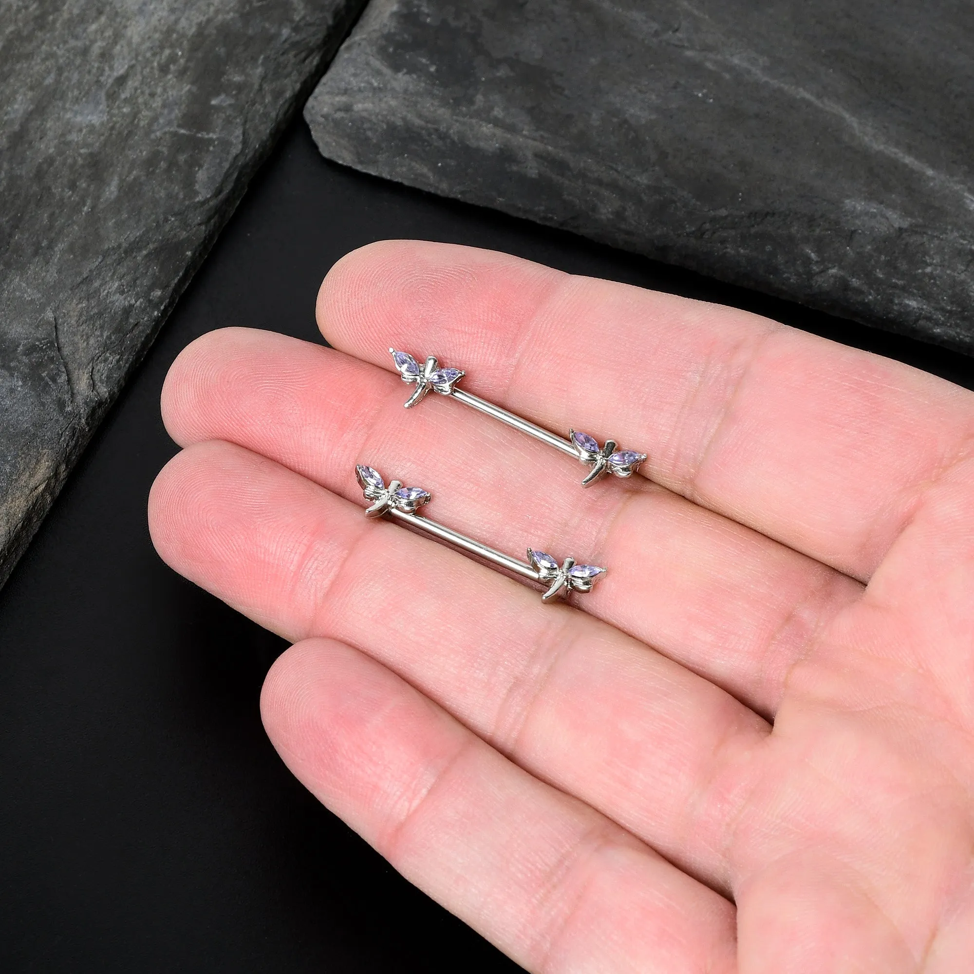 14 Gauge 5/8 Purple Gem Simple Styled Dragonfly Barbell Nipple Ring Set