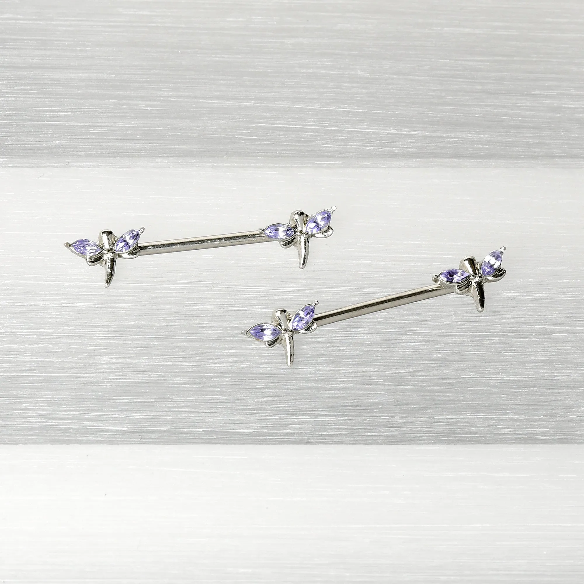 14 Gauge 5/8 Purple Gem Simple Styled Dragonfly Barbell Nipple Ring Set