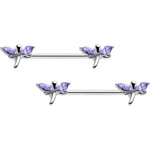 14 Gauge 5/8 Purple Gem Simple Styled Dragonfly Barbell Nipple Ring Set