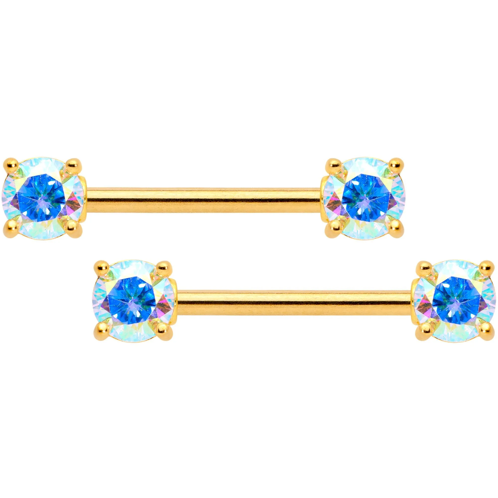 14 Gauge 9/16 Aurora CZ Gem Gold Tone Barbell Nipple Ring Set
