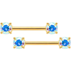 14 Gauge 9/16 Aurora CZ Gem Gold Tone Barbell Nipple Ring Set