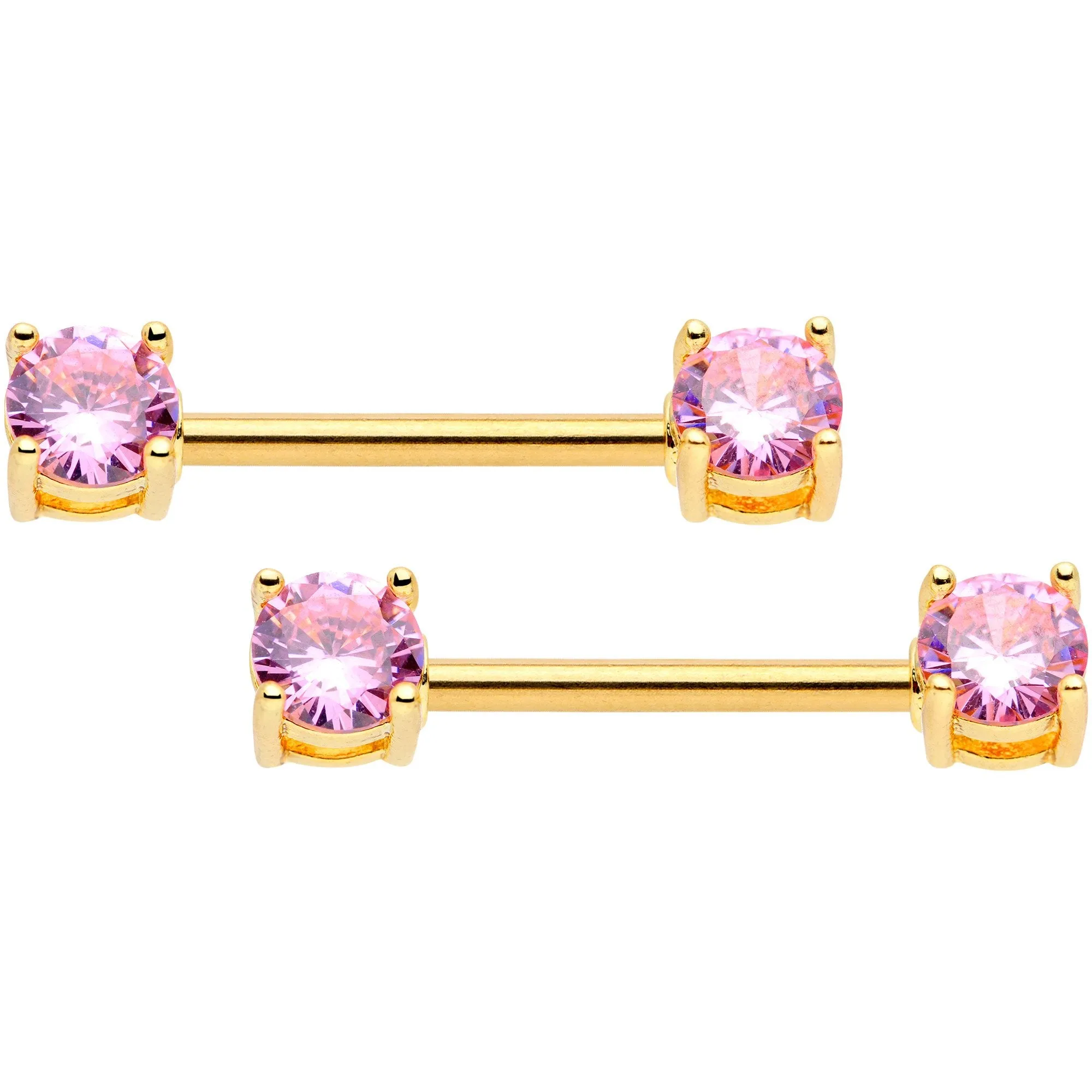 14 Gauge 9/16 Pink CZ Gem Gold Tone Barbell Nipple Ring Set