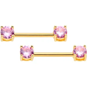 14 Gauge 9/16 Pink CZ Gem Gold Tone Barbell Nipple Ring Set