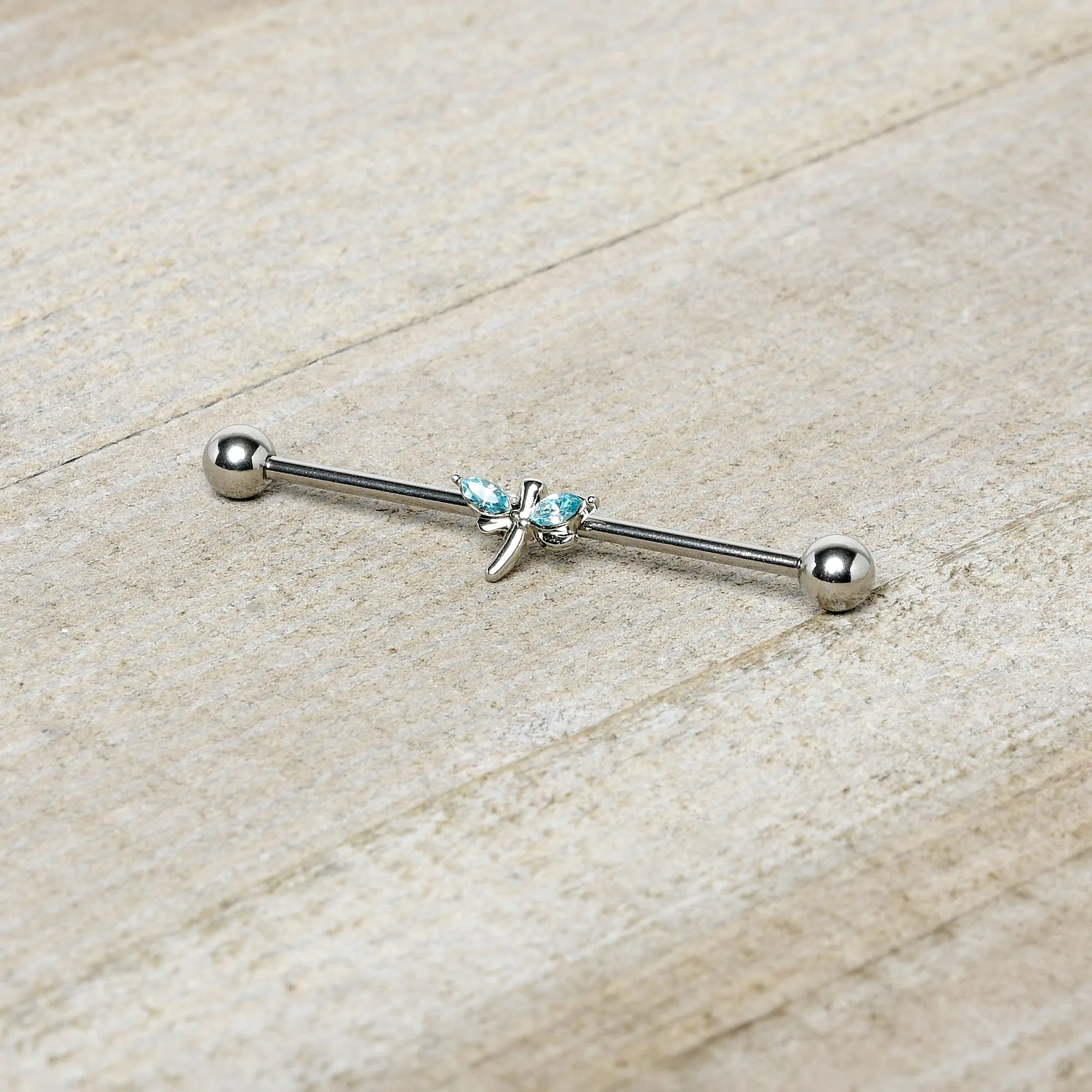 14 Gauge Blue Gem Simple Stylized Dragonfly Industrial Barbell 38mm
