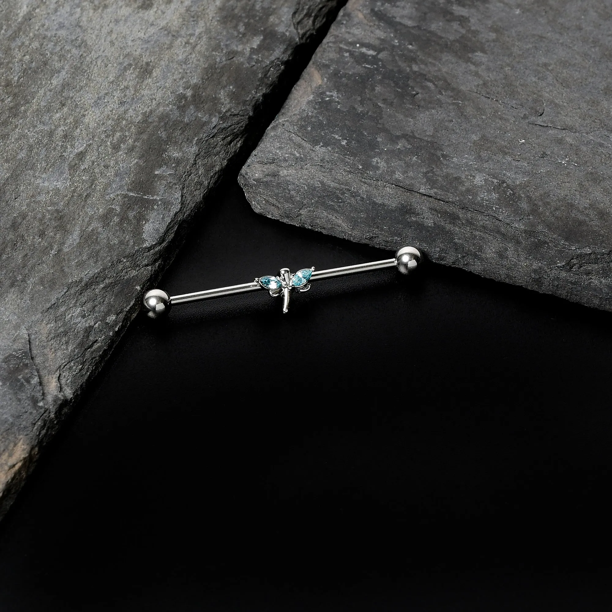 14 Gauge Blue Gem Simple Stylized Dragonfly Industrial Barbell 38mm