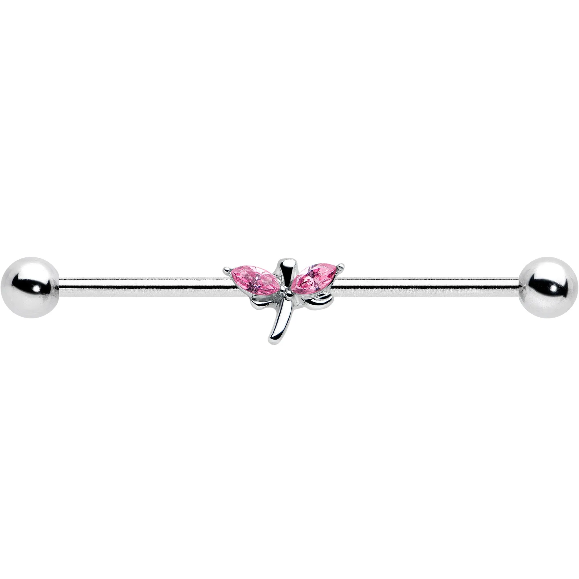 14 Gauge Pink Gem Simple Stylized Dragonfly Industrial Barbell 38mm