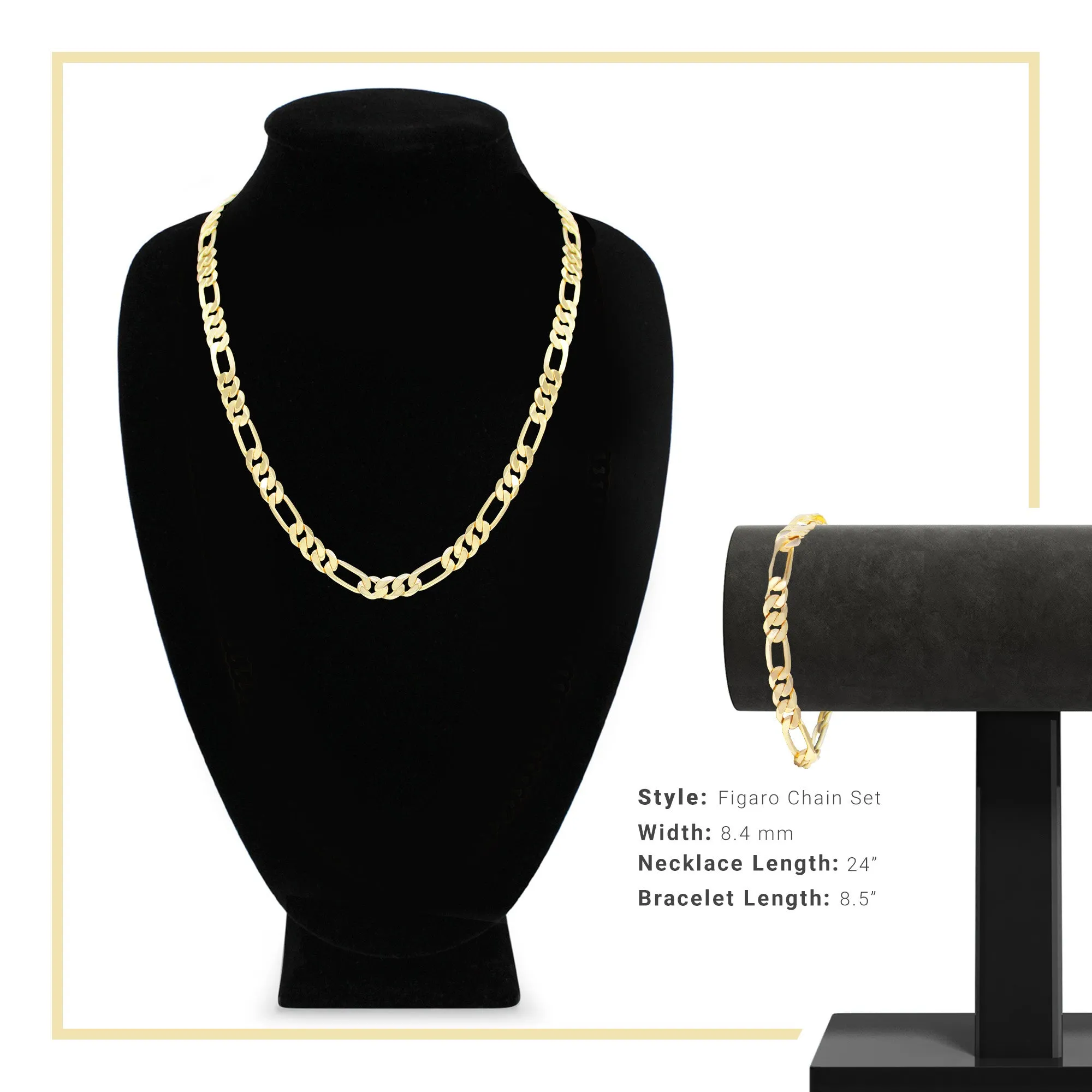 14K Gold Filled Figaro Chain Necklace 24" Bracelet 8.5" Set