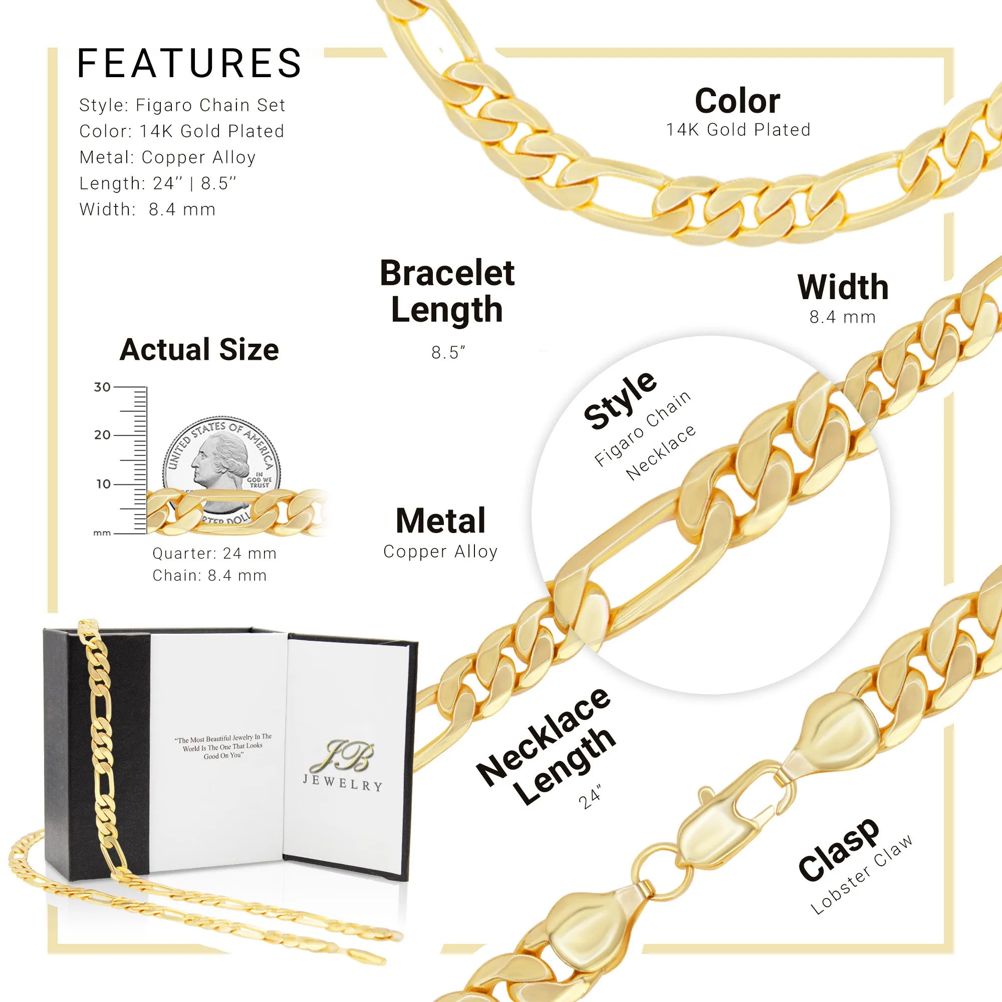 14K Gold Filled Figaro Chain Necklace 24" Bracelet 8.5" Set