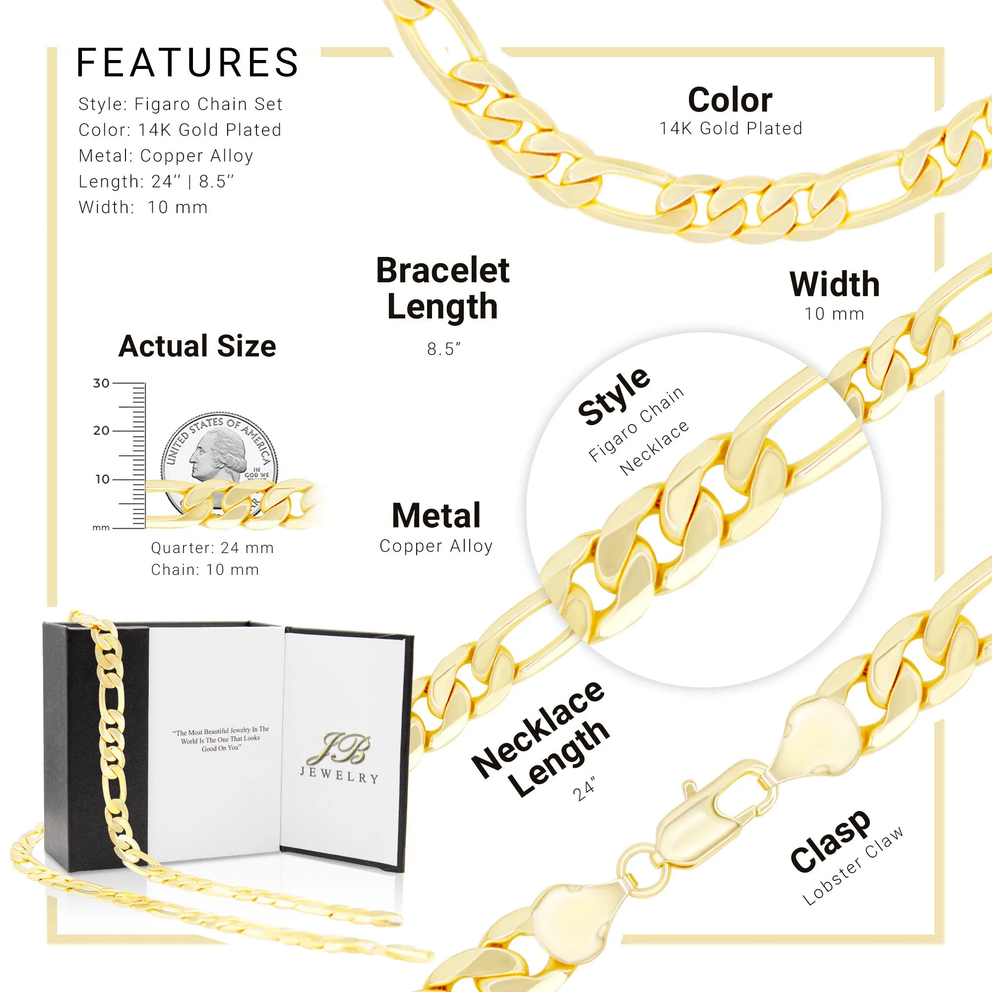14K Gold Filled Figaro Chain Necklace 24" Bracelet 8.5" Set
