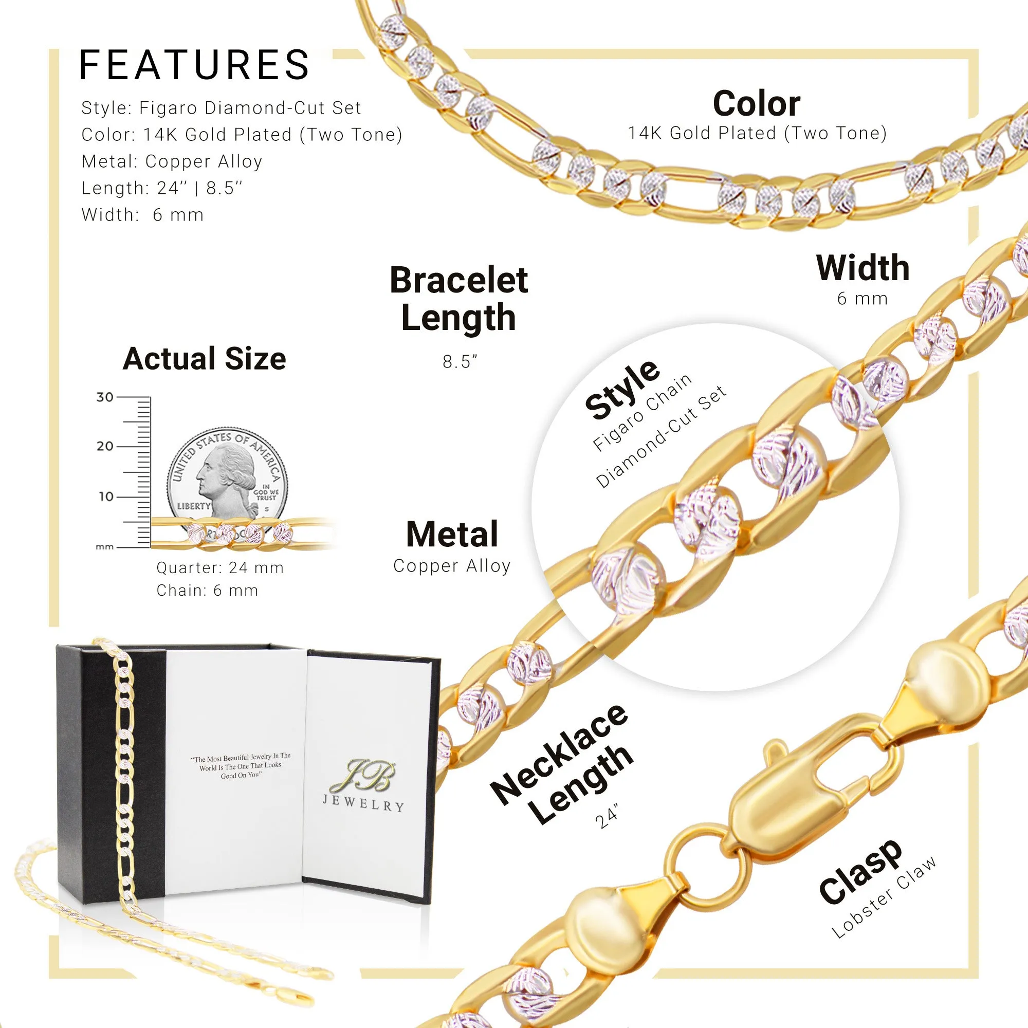 14K Gold Filled Figaro Chain Necklace 24" Bracelet 8.5" Set