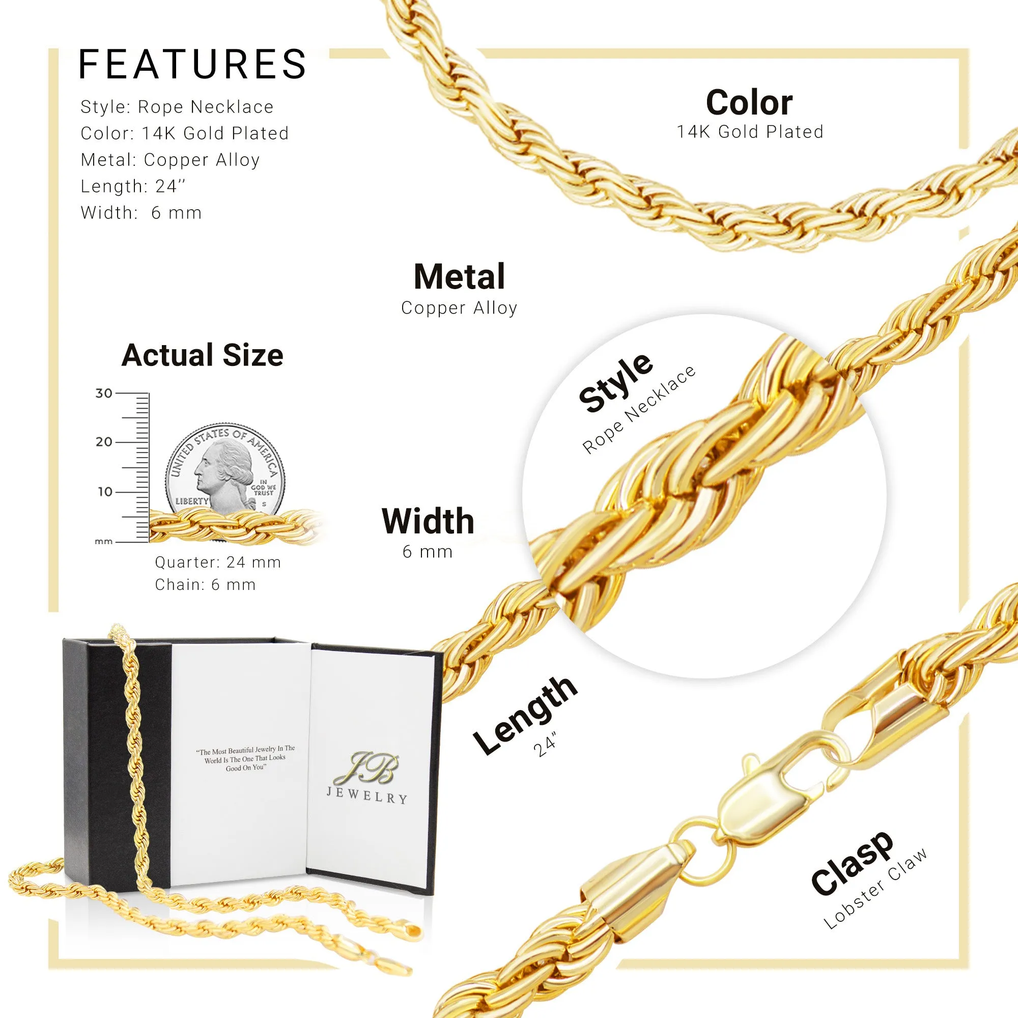 14K Gold Filled Rope Chain Necklace 24" for Men 5-6 mm