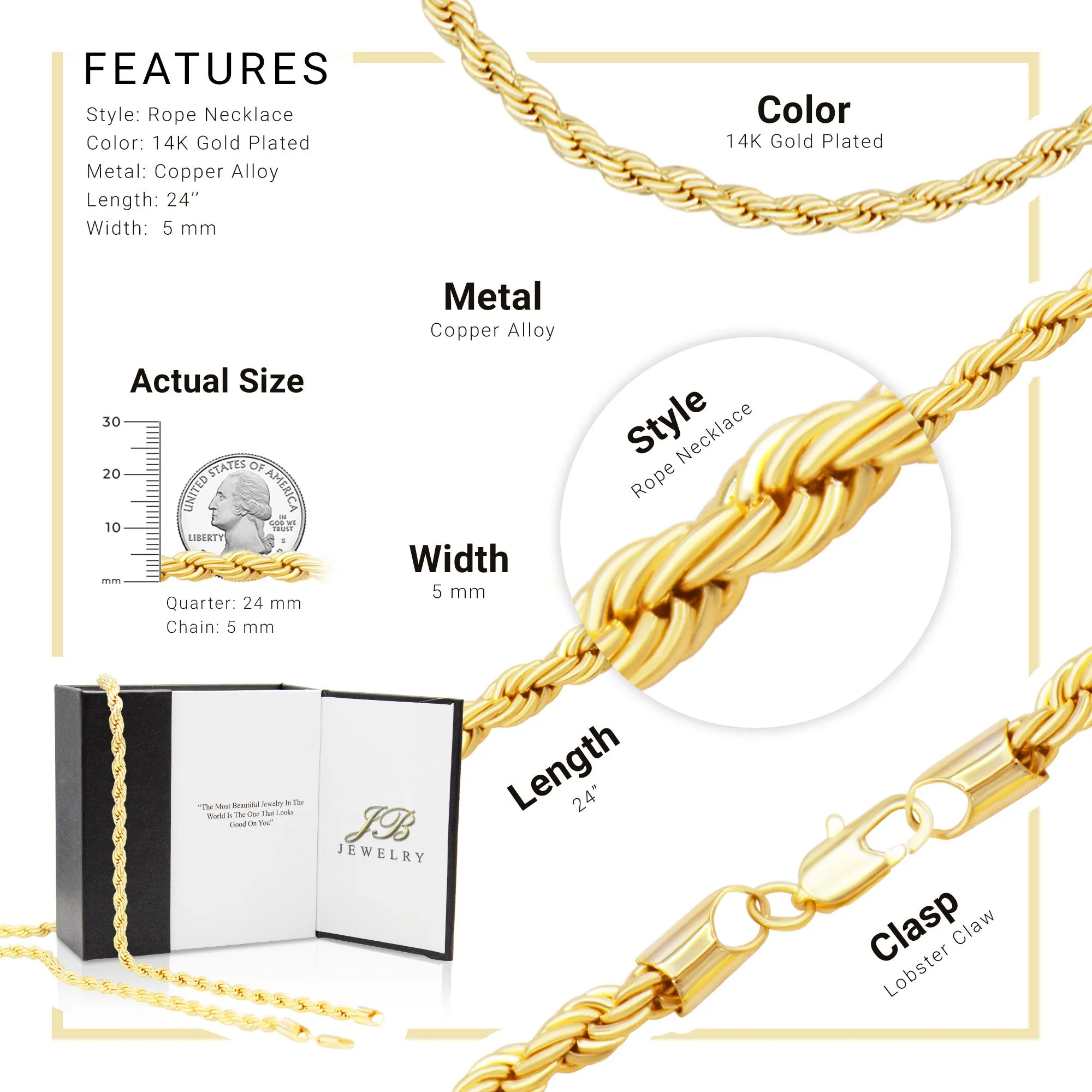 14K Gold Filled Rope Chain Necklace 24" for Men 5-6 mm