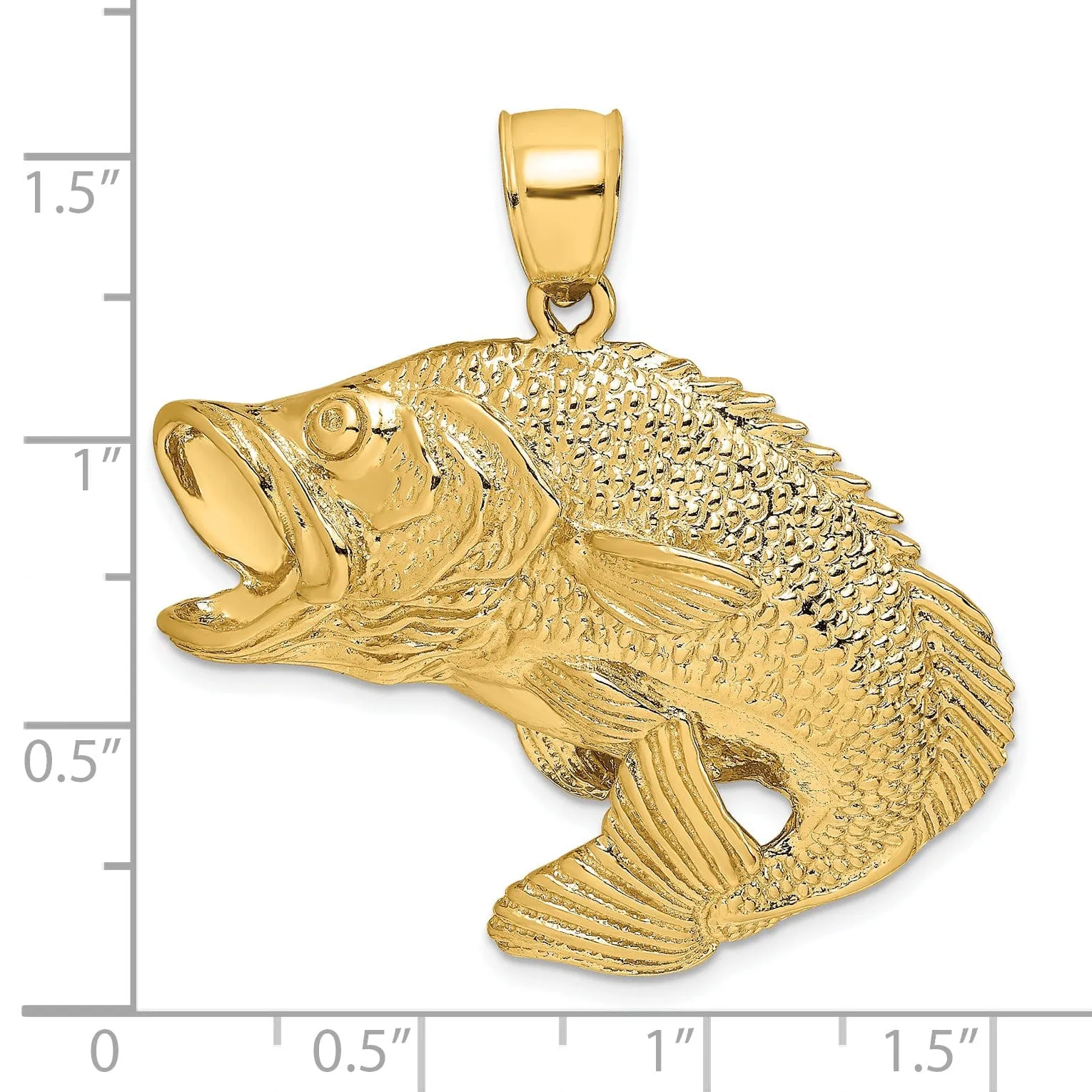 14k Yellow Gold 2-Dimensional Solid Polished Textured Finish Bass Fish Jumping Charm Pendant