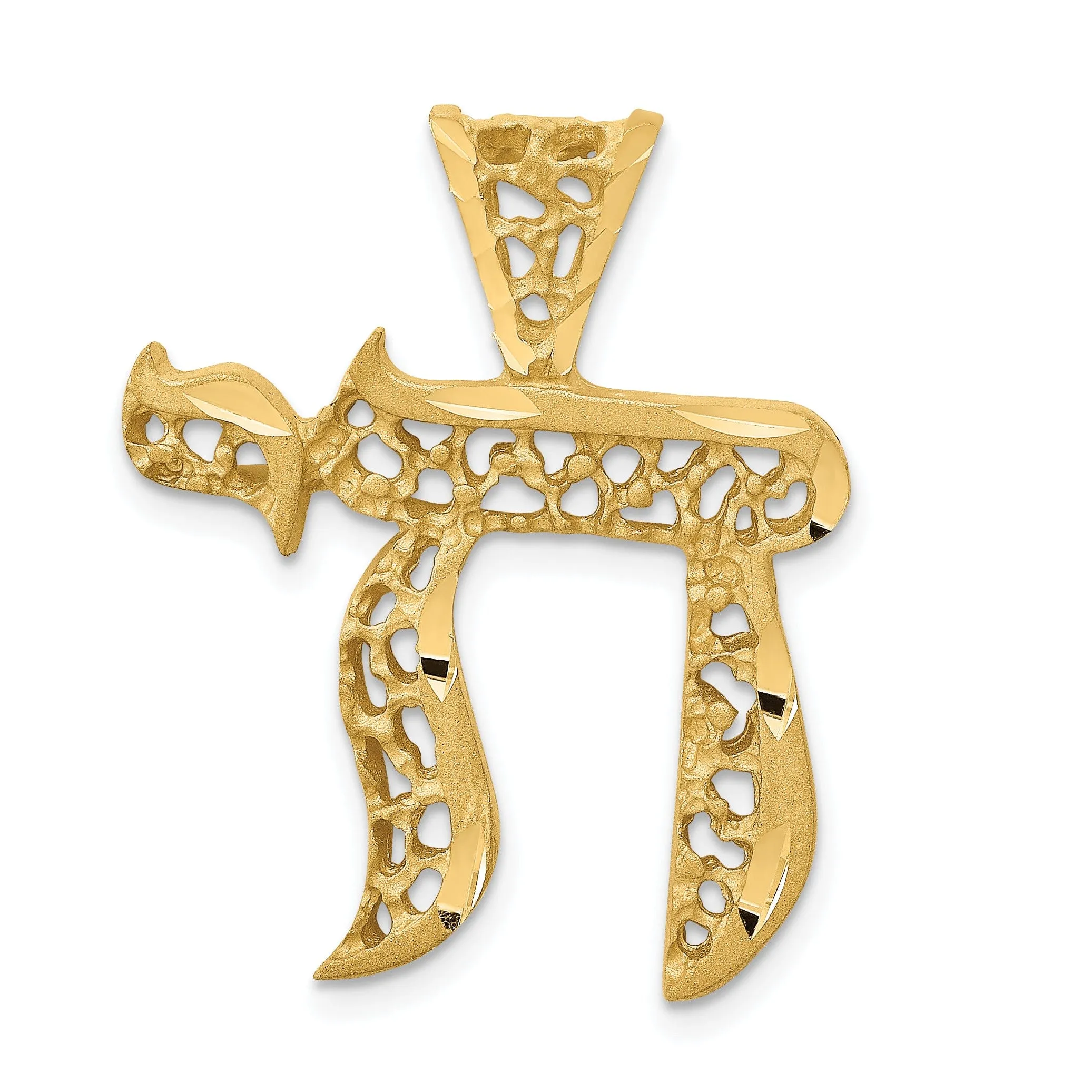 14k Yellow Gold Polished Brush D.C Finish Filigree Design Chai Pendant