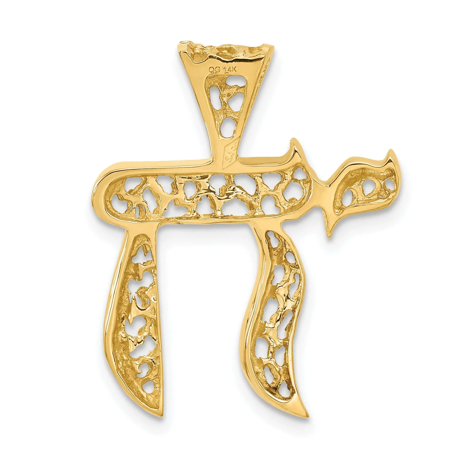 14k Yellow Gold Polished Brush D.C Finish Filigree Design Chai Pendant