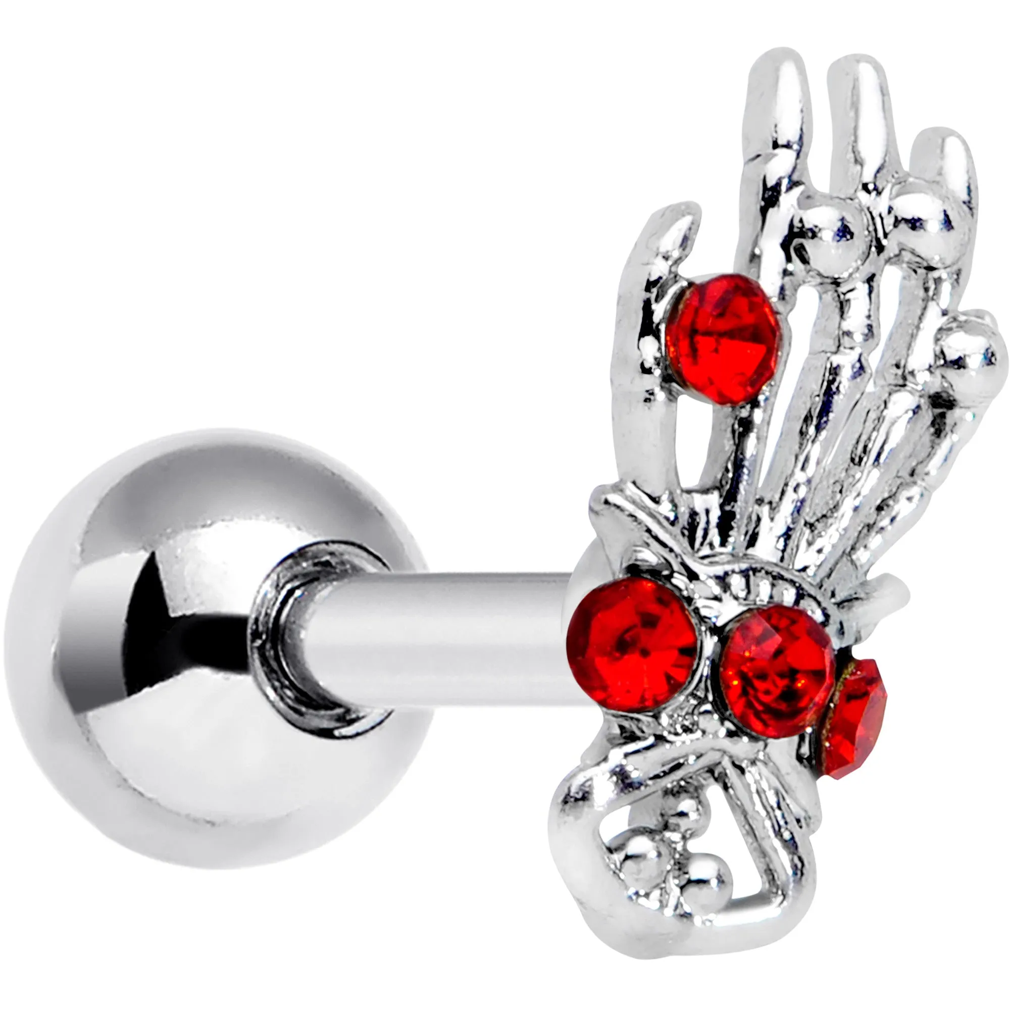 16 Gauge 1/4 Red Gem Skeleton Hand Halloween Cartilage Tragus Earring