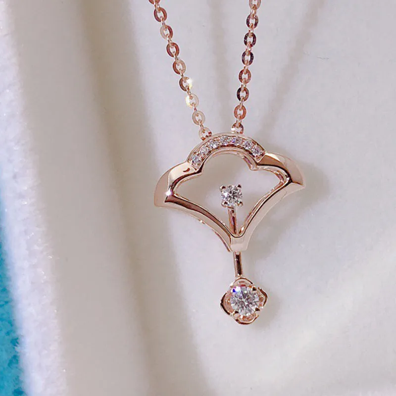 18K Gold 0.075ct Real Diamond Simple Fan Shaped Pendant Necklace