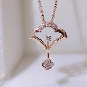 18K Gold 0.075ct Real Diamond Simple Fan Shaped Pendant Necklace