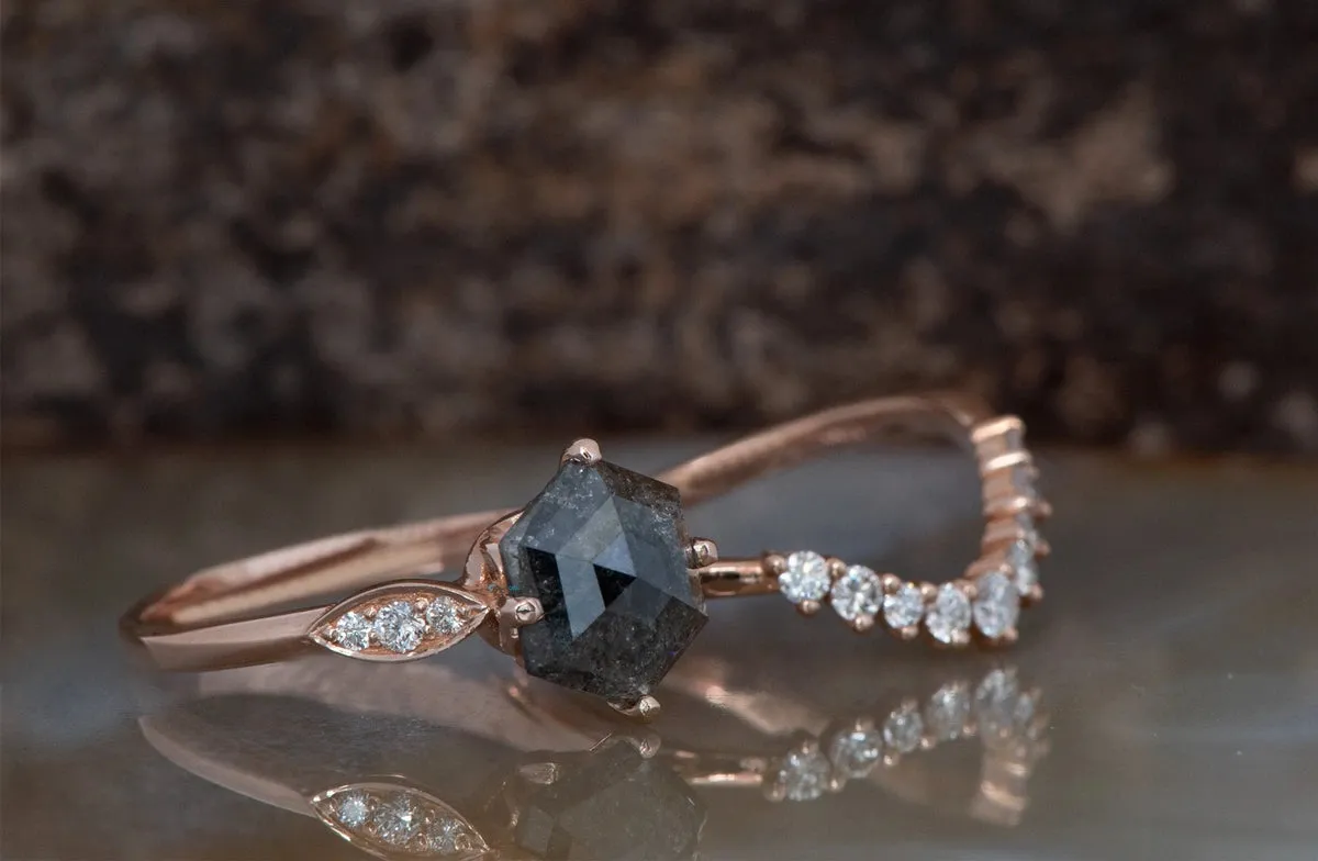 1.90 ct Salt and pepper hexagon diamond engagement ring - 14k 18K Rose Gold