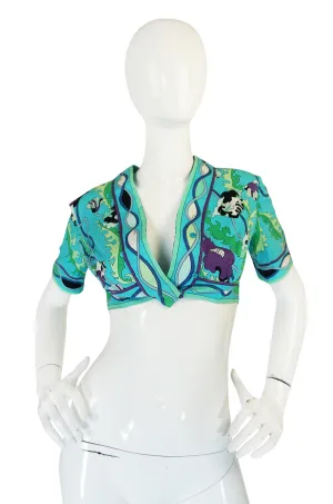 1960s Turquoise Print Cotton Emilio Pucci Cropped Top
