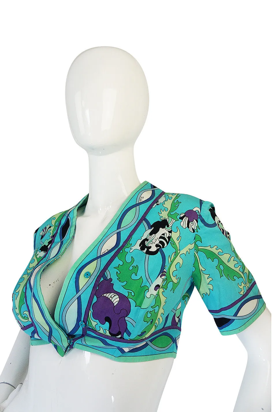 1960s Turquoise Print Cotton Emilio Pucci Cropped Top