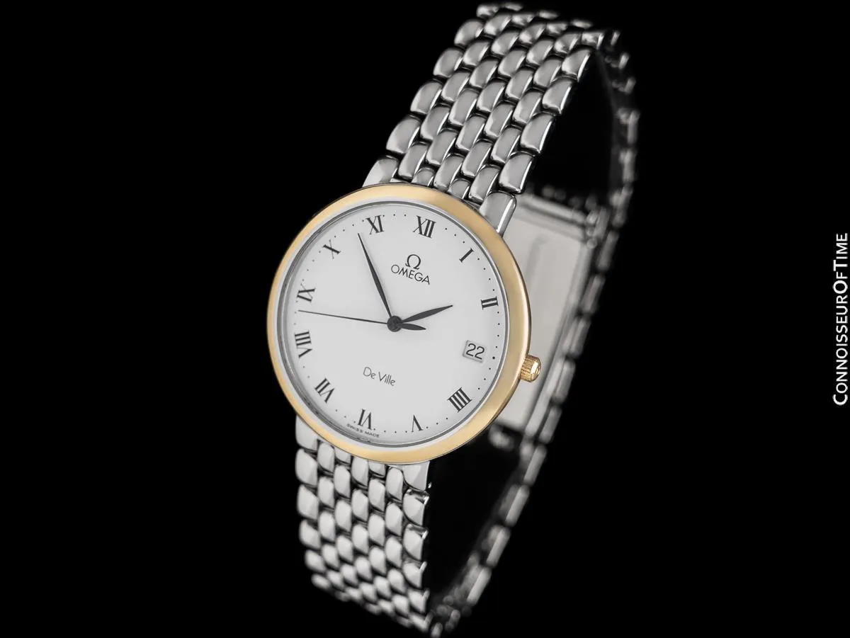 1995 Omega De Ville Mens Ultra Thin Dress Watch with Date & Bracelet - Stainless Steel & 18K Gold