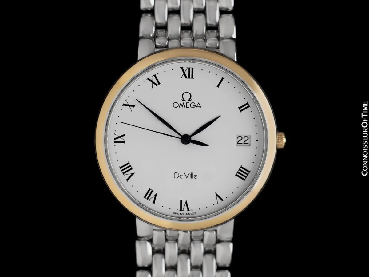 1995 Omega De Ville Mens Ultra Thin Dress Watch with Date & Bracelet - Stainless Steel & 18K Gold