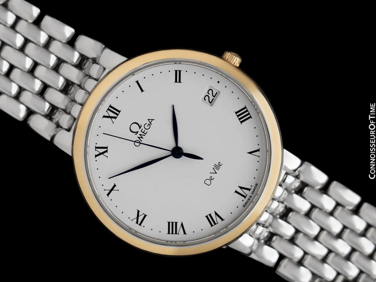 1995 Omega De Ville Mens Ultra Thin Dress Watch with Date & Bracelet - Stainless Steel & 18K Gold