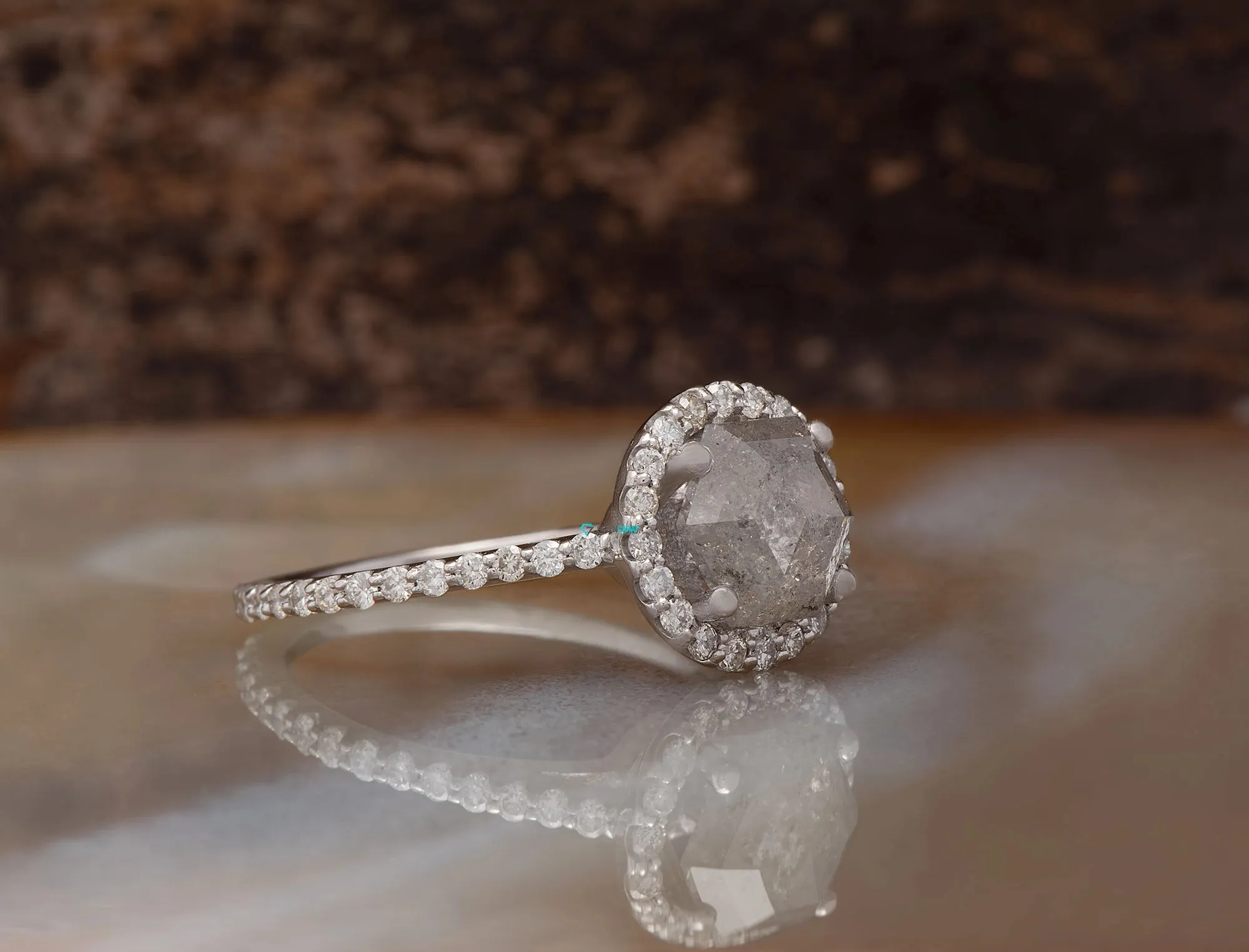 2 ct Hexagon Salt and Pepper halo diamond engagement ring - 14k 18K White Gold
