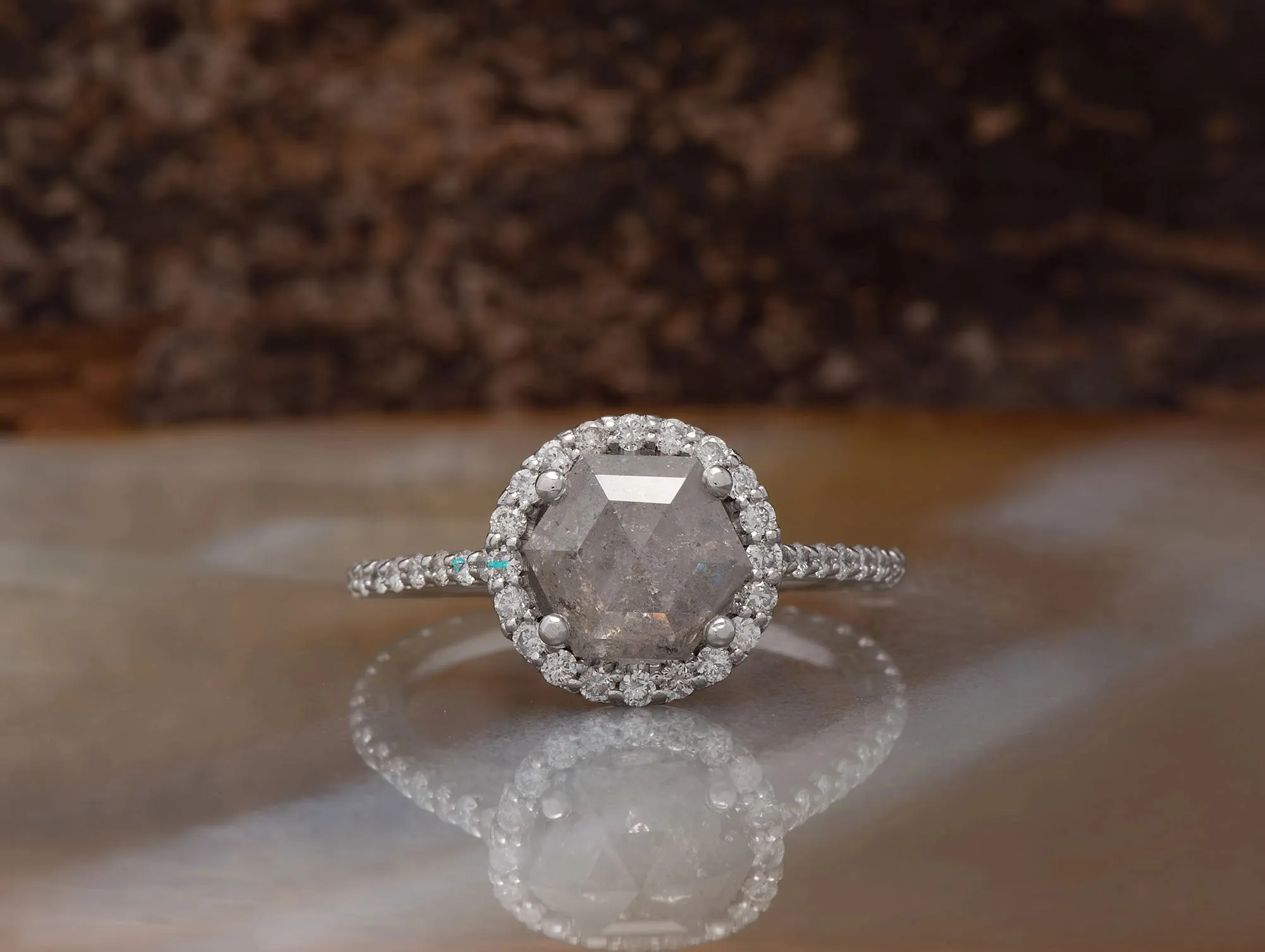 2 ct Hexagon Salt and Pepper halo diamond engagement ring - 14k 18K White Gold