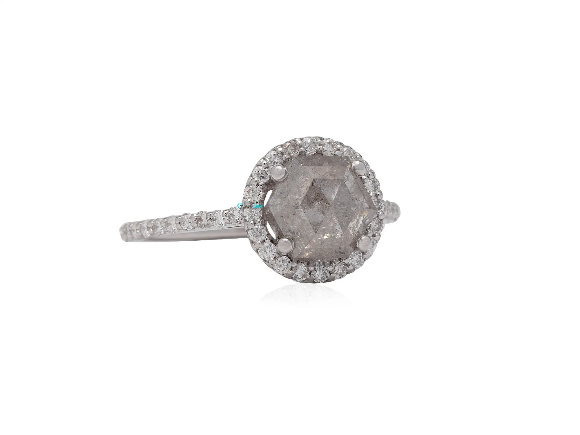 2 ct Hexagon Salt and Pepper halo diamond engagement ring - 14k 18K White Gold