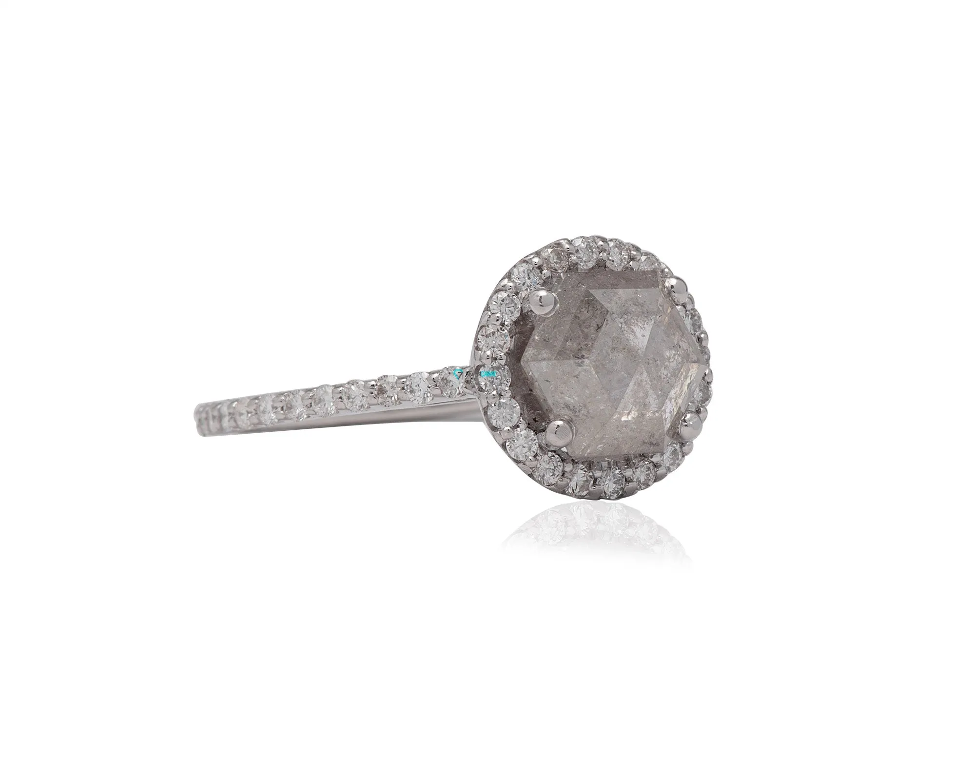 2 ct Hexagon Salt and Pepper halo diamond engagement ring - 14k 18K White Gold