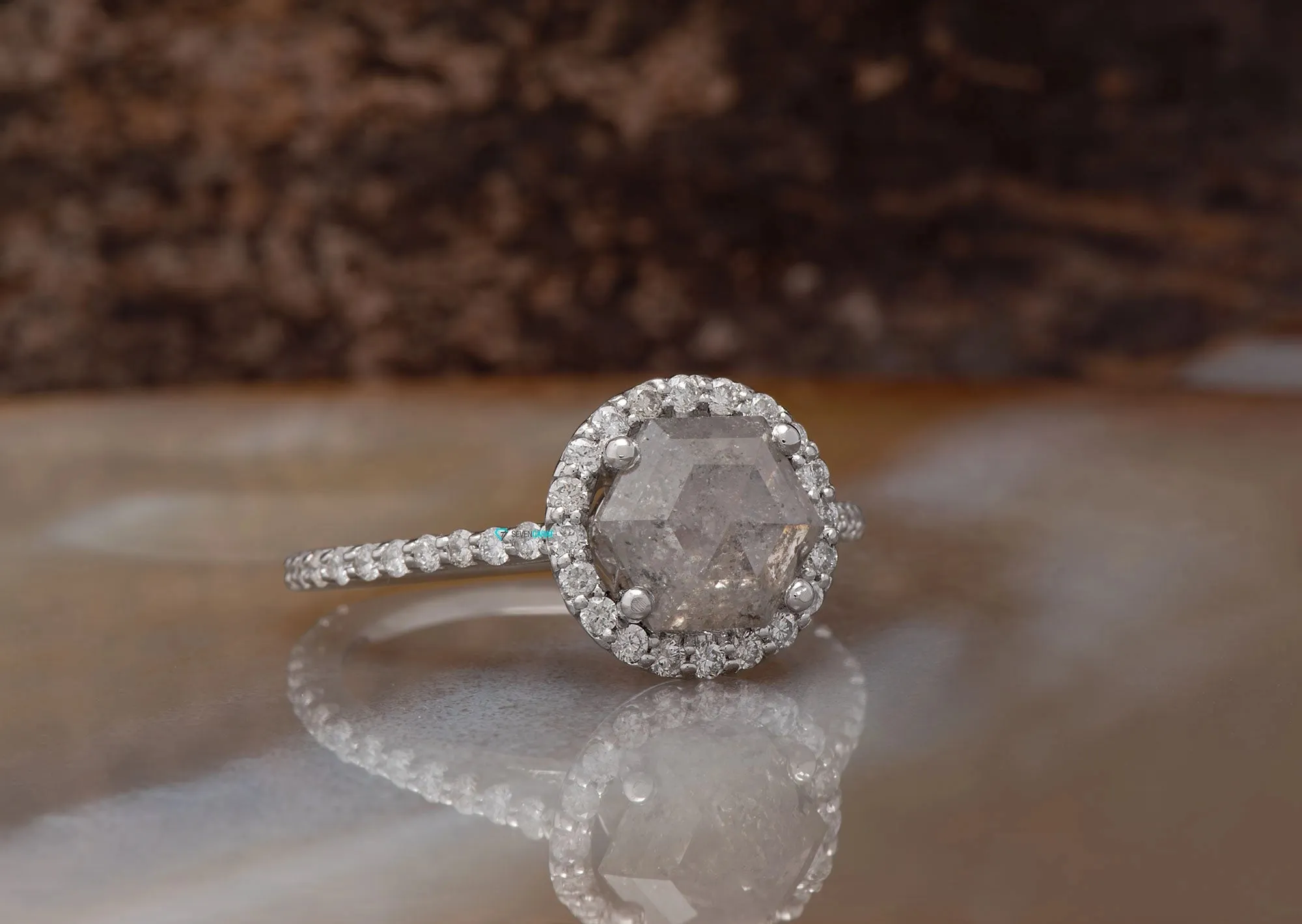 2 ct Hexagon Salt and Pepper halo diamond engagement ring - 14k 18K White Gold