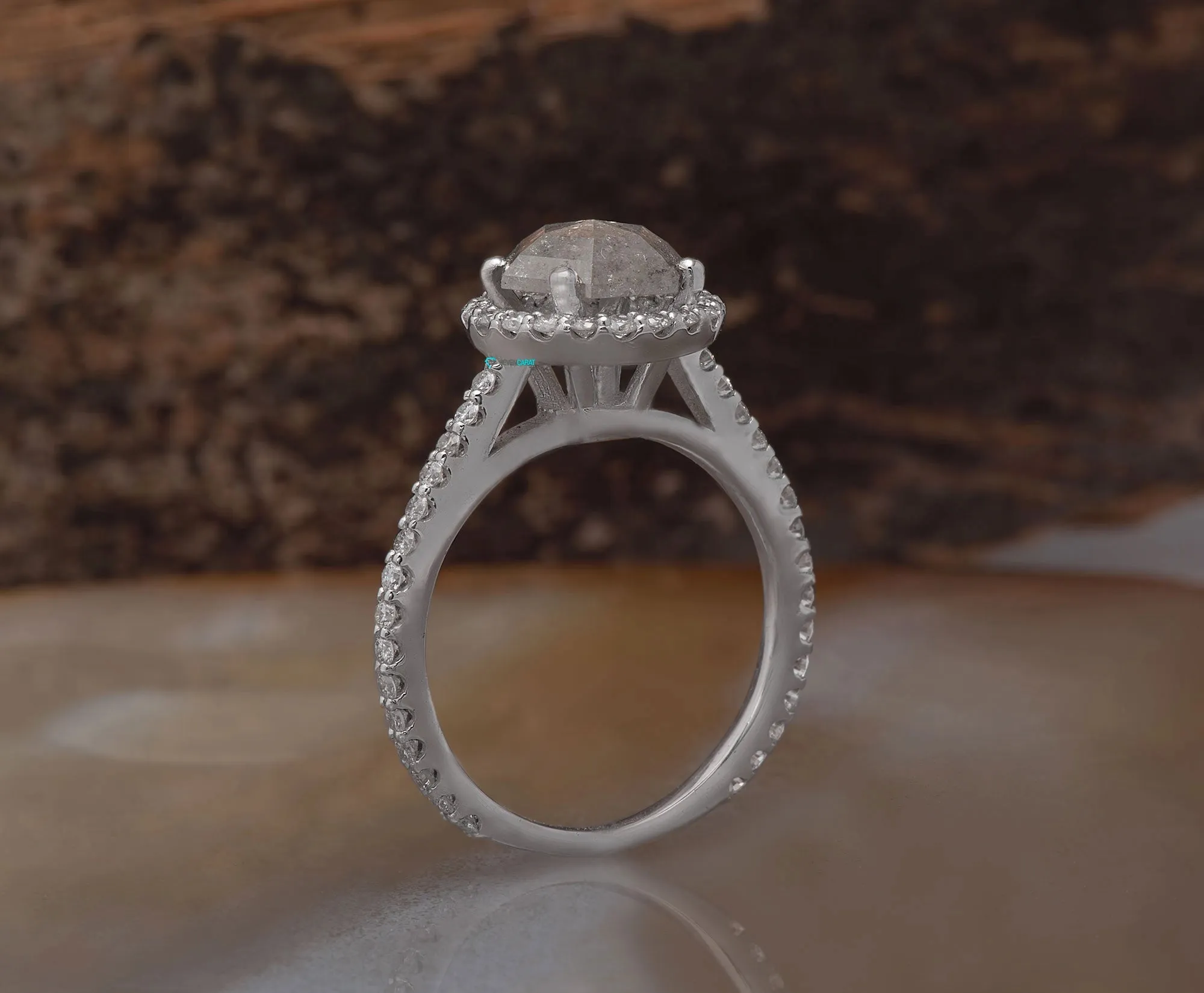 2 ct Hexagon Salt and Pepper halo diamond engagement ring - 14k 18K White Gold