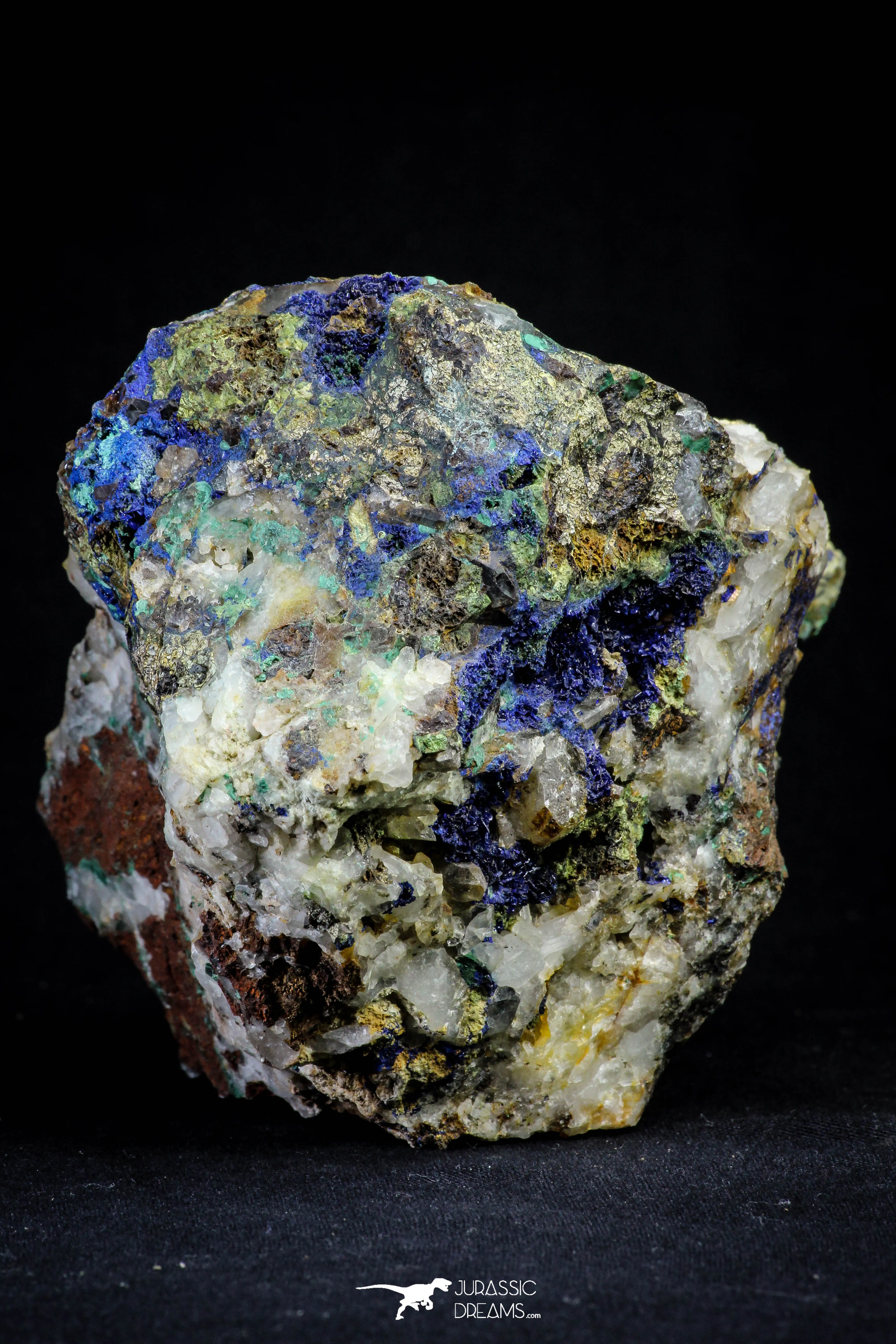 21195 - Beautiful Azurite Cristals   Malachite Cristals   Pyrite Crystals in Quartz Matrix - Alnif (South Morocco)