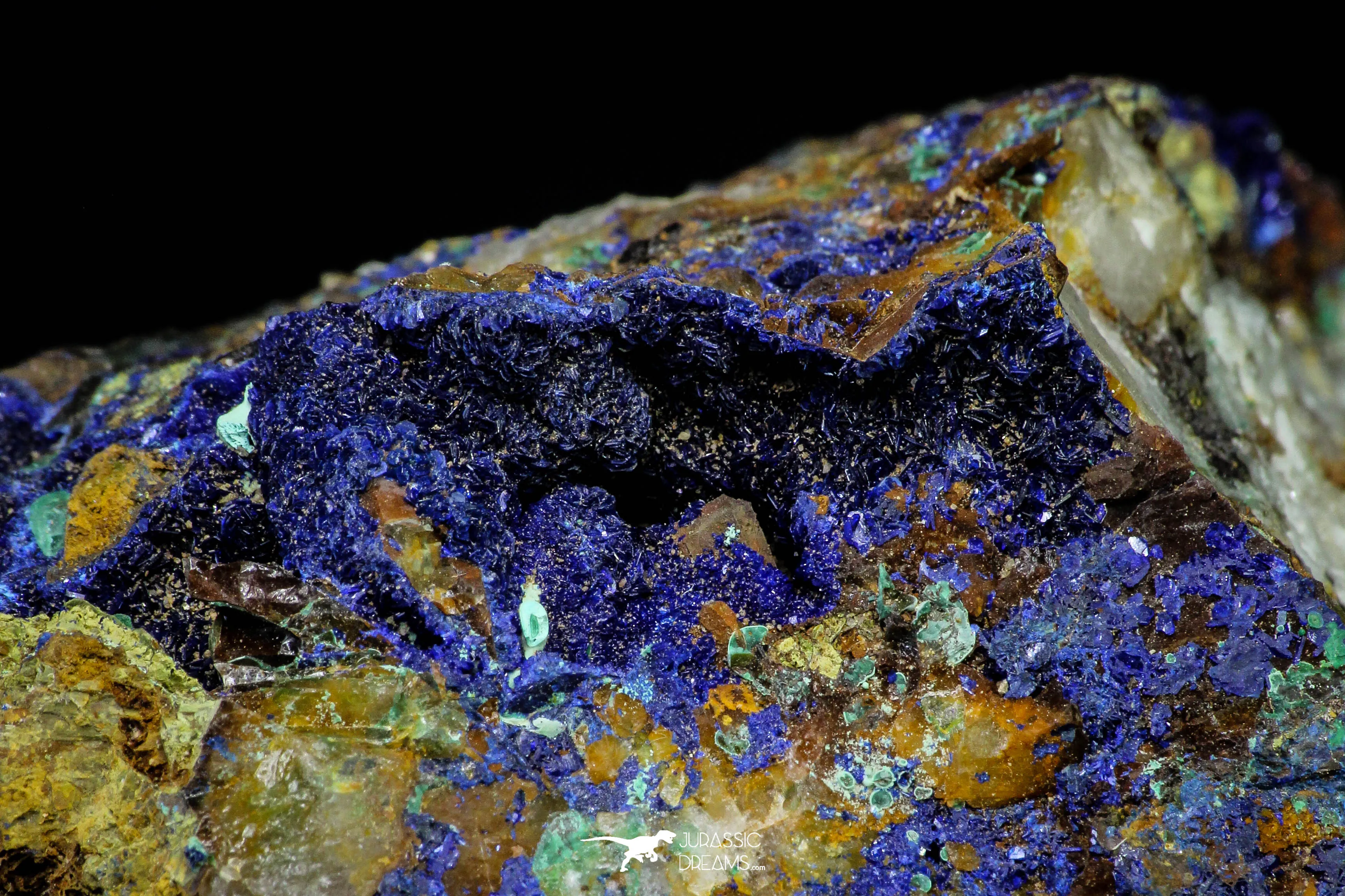 21195 - Beautiful Azurite Cristals   Malachite Cristals   Pyrite Crystals in Quartz Matrix - Alnif (South Morocco)