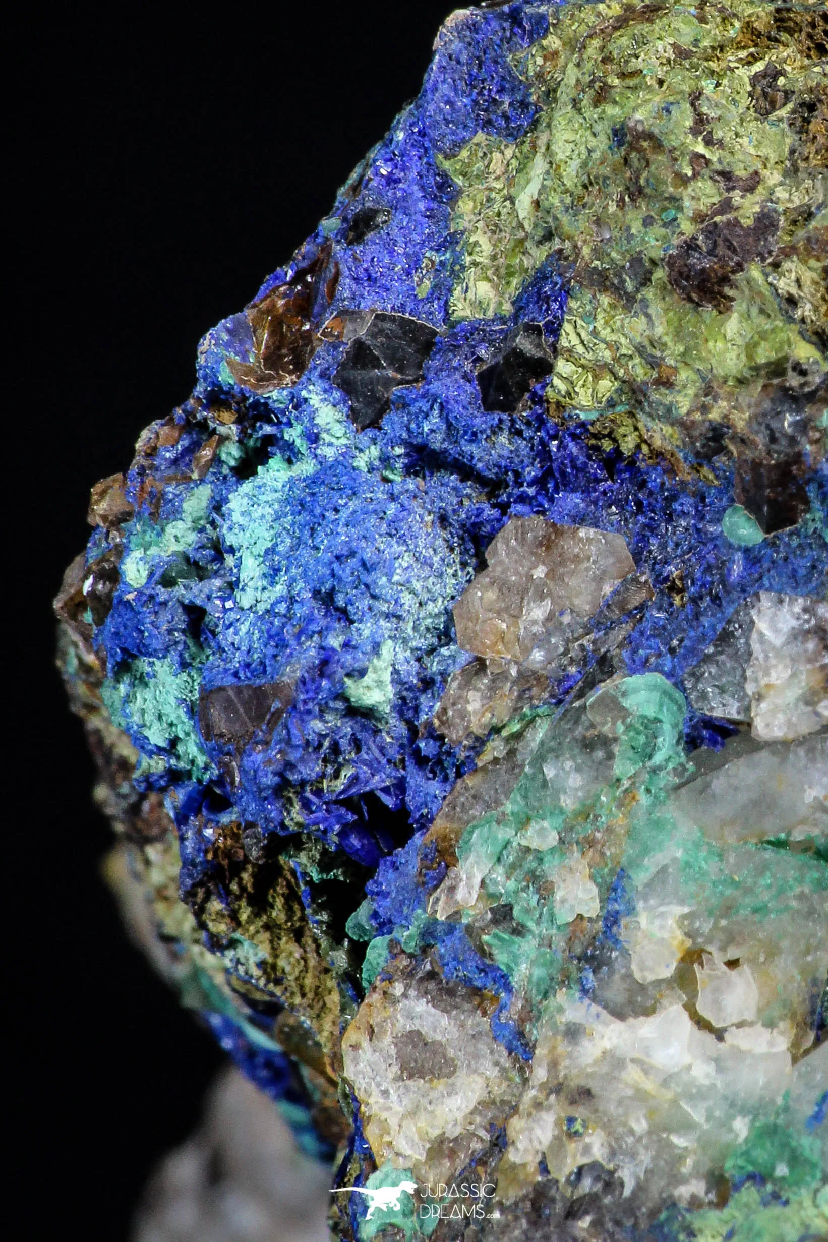 21195 - Beautiful Azurite Cristals   Malachite Cristals   Pyrite Crystals in Quartz Matrix - Alnif (South Morocco)