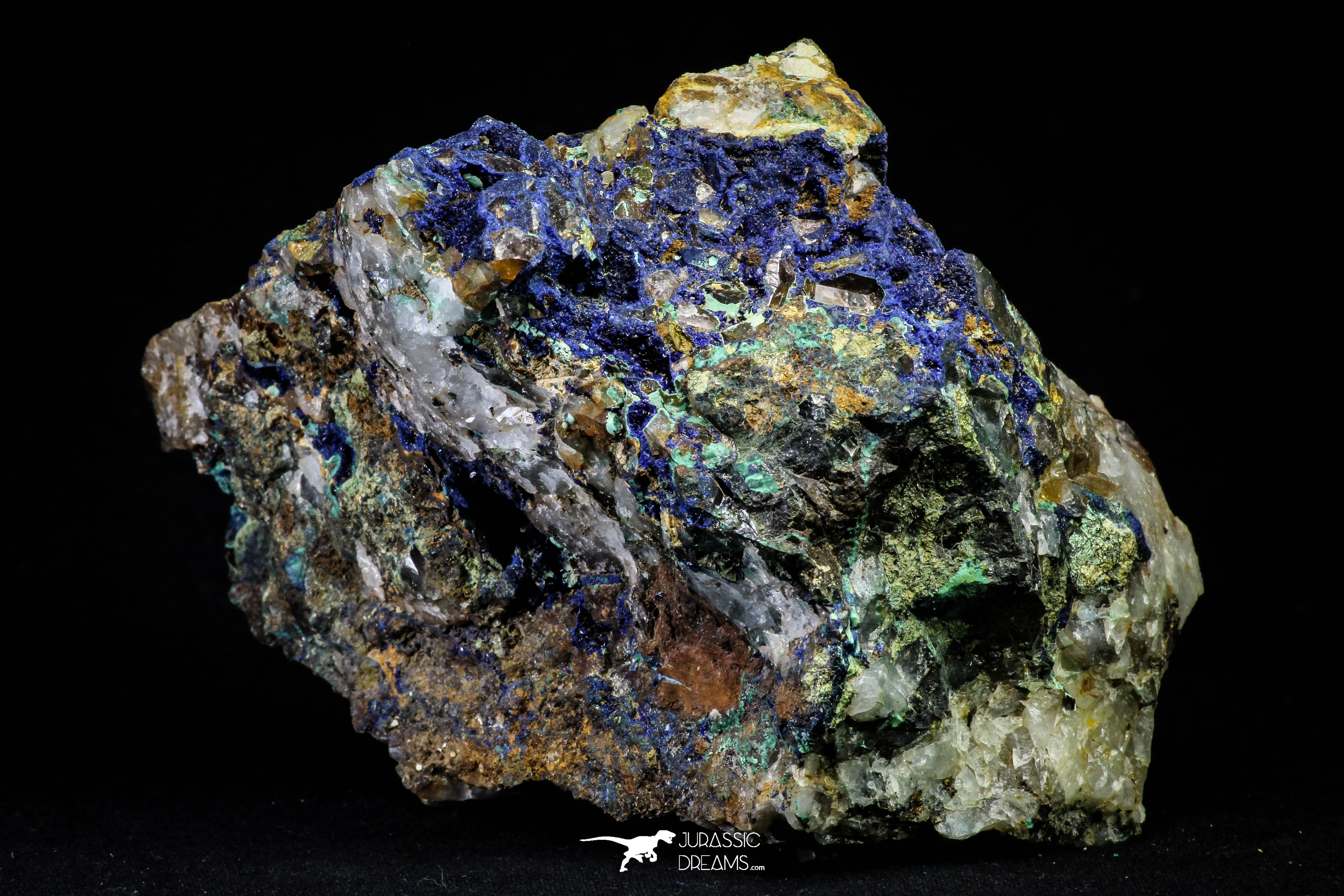 21196 - Beautiful Azurite Cristals   Malachite Cristals   Pyrite Crystals in Quartz Matrix - Alnif (South Morocco)