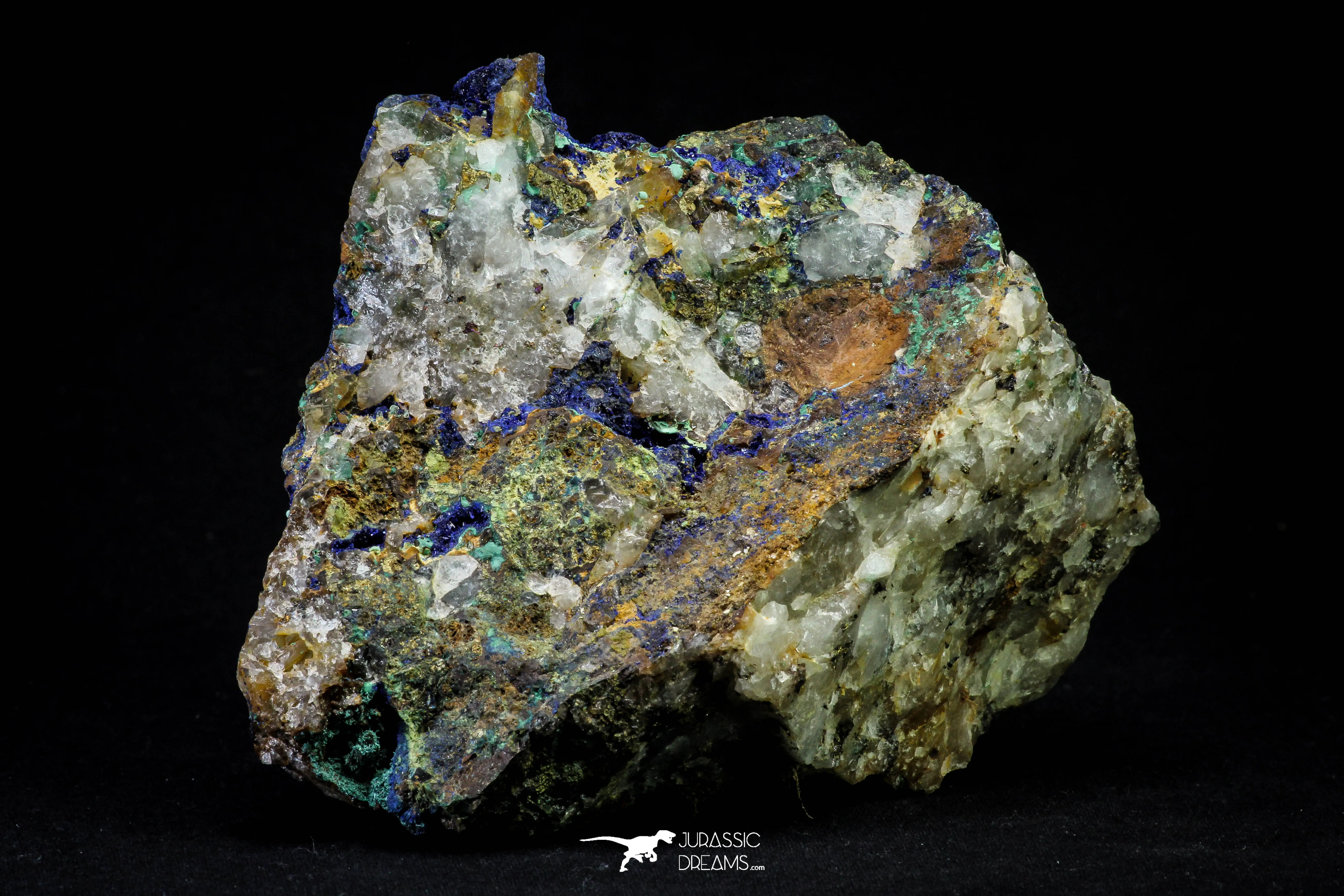 21196 - Beautiful Azurite Cristals   Malachite Cristals   Pyrite Crystals in Quartz Matrix - Alnif (South Morocco)