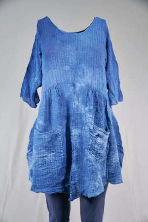 2259 Hand Dyed 2 Pocket Crinkle Dress-Indigo ( deep blue) Clouds