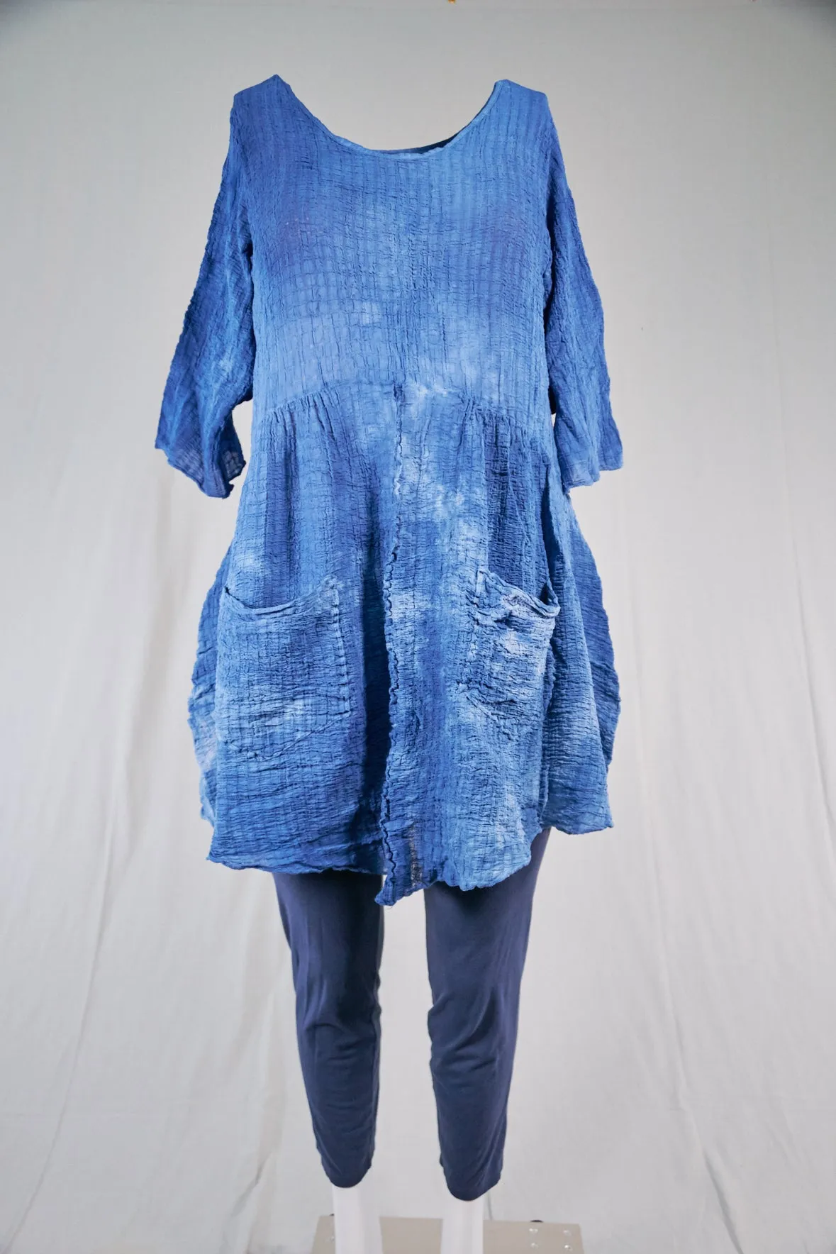 2259 Hand Dyed 2 Pocket Crinkle Dress-Indigo ( deep blue) Clouds