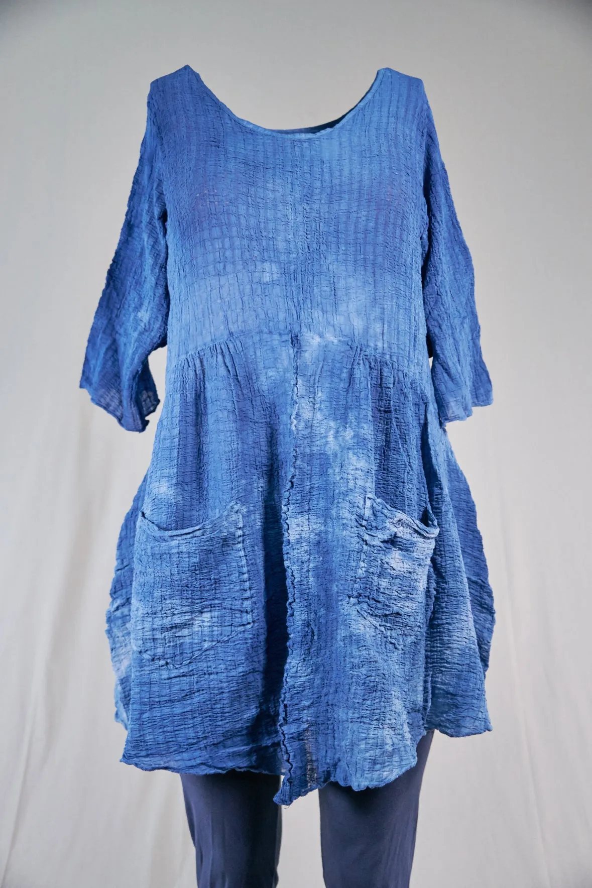 2259 Hand Dyed 2 Pocket Crinkle Dress-Indigo ( deep blue) Clouds